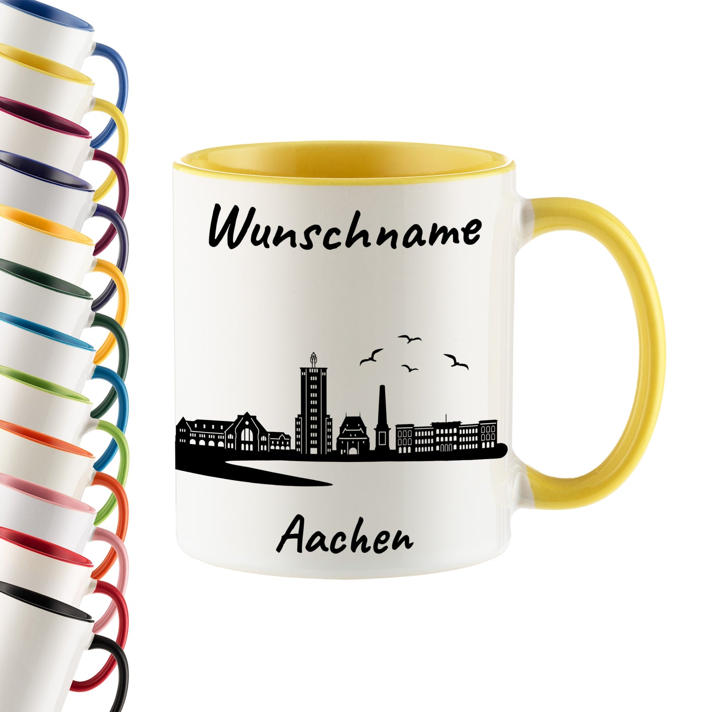Tasse in Hellgelb 330ml bedruckt mit der Skyline von Aachen personalisierbar mit Wunschname