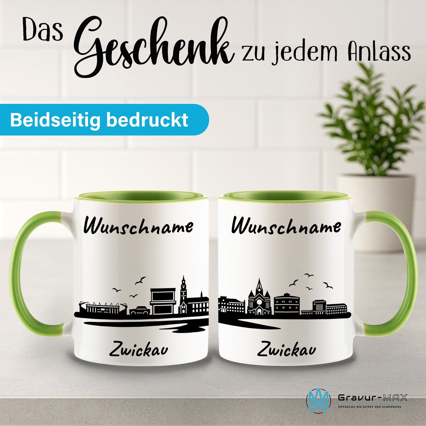 Tasse in Hellgrün 330ml bedruckt mit der Skyline von Zwickau personalisierbar mit Wunschname