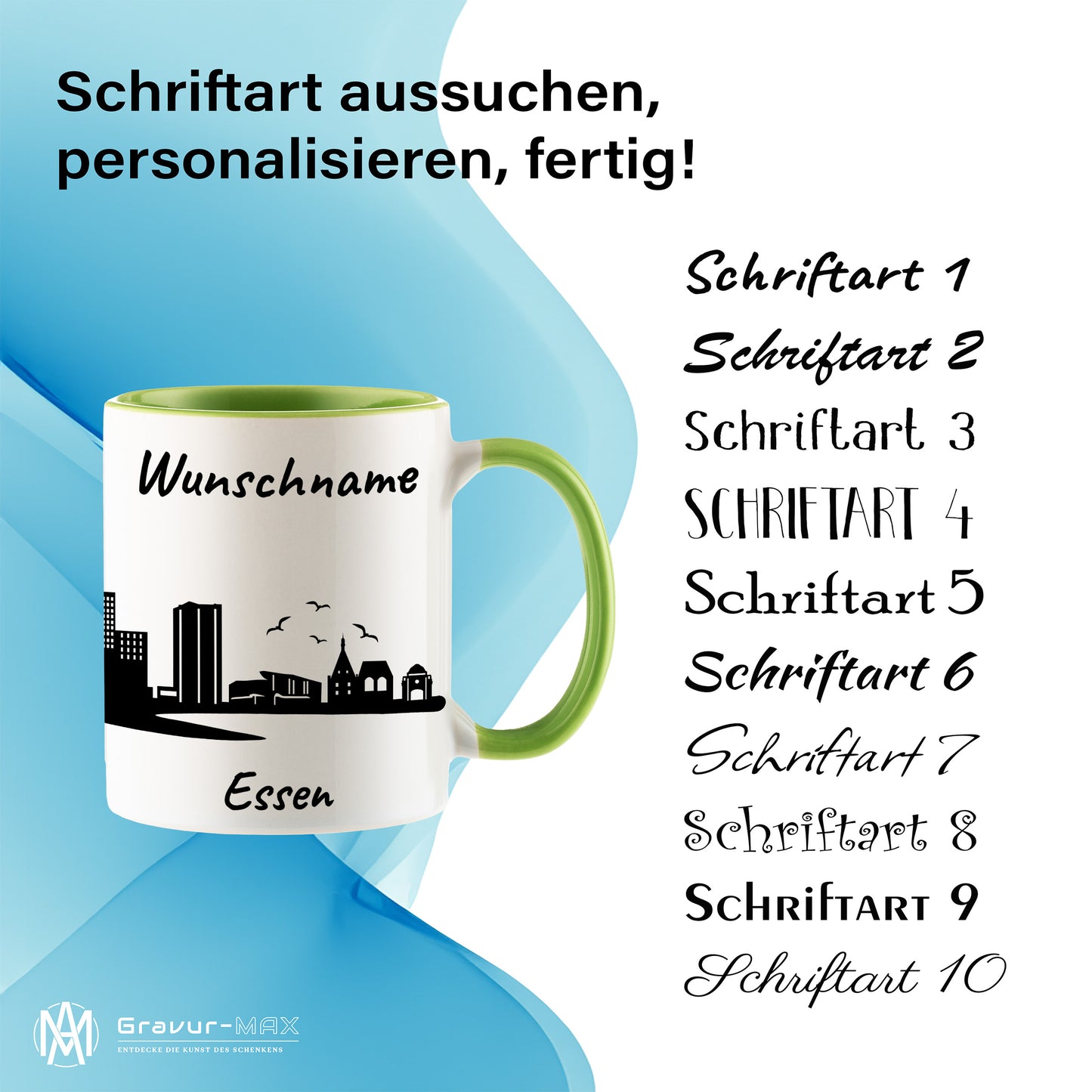 Tasse in Hellgrün 330ml bedruckt mit der Skyline von Essen personalisierbar mit Wunschname