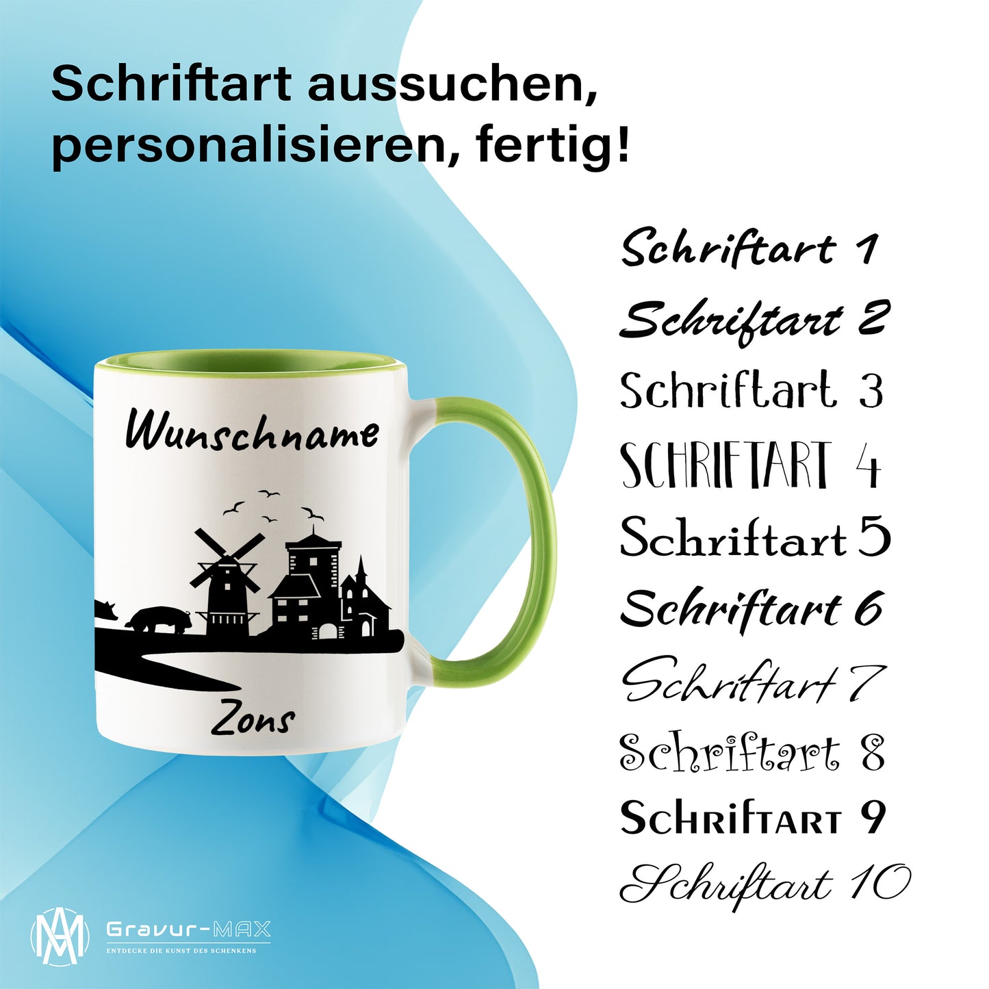 Tasse in Hellgrün 330ml bedruckt mit der Skyline von Zons (Dormagen) personalisierbar mit Wunschname