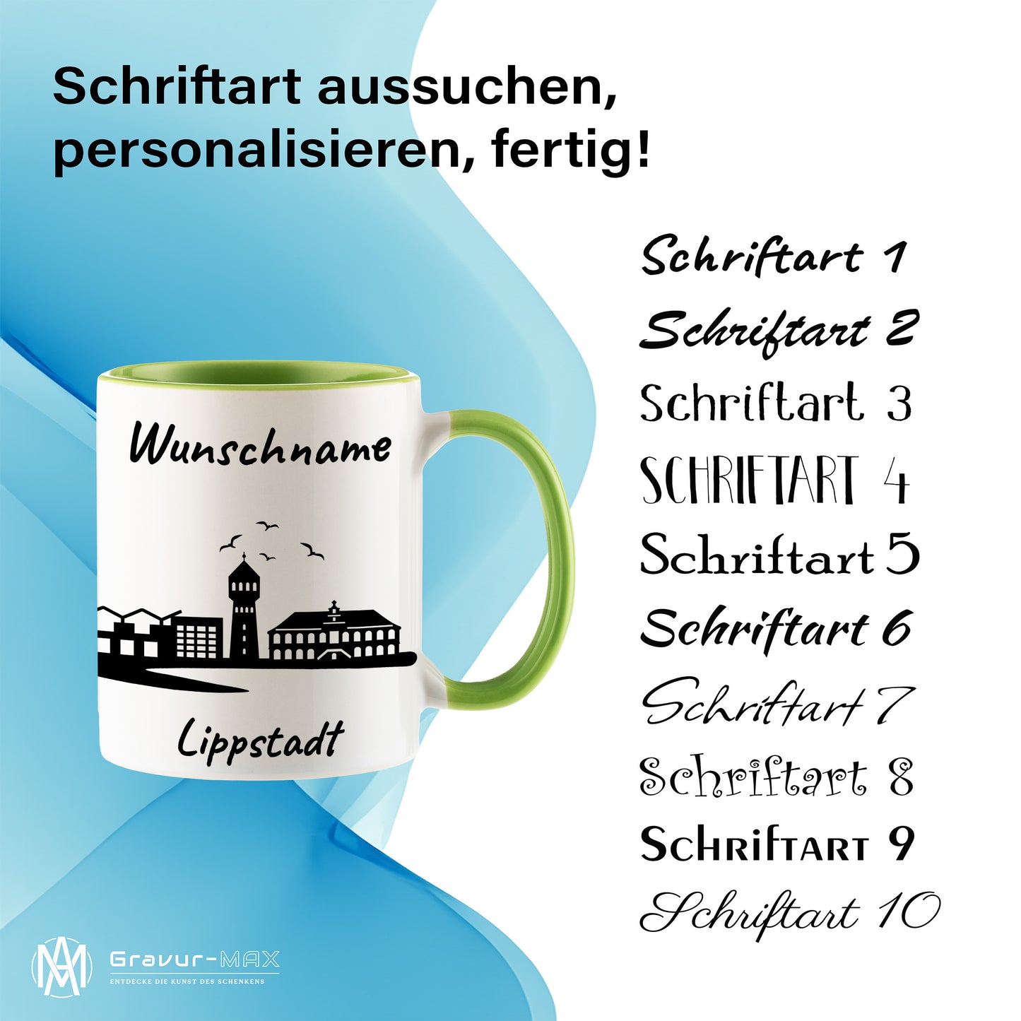 Tasse in Hellgrün 330ml bedruckt mit der Skyline von Lippstadt personalisierbar mit Wunschname