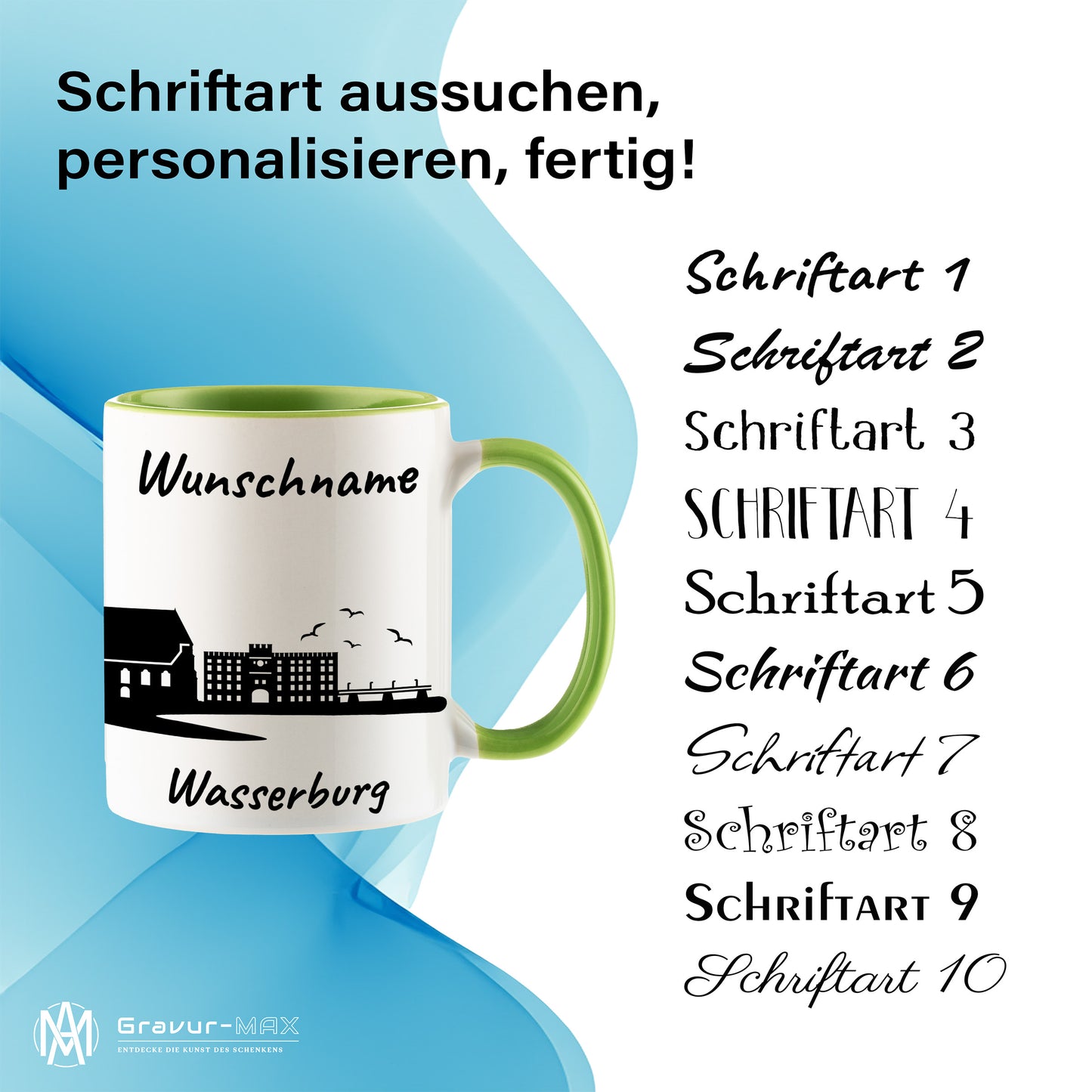 Tasse in Hellgrün 330ml bedruckt mit der Skyline von Wasserburg personalisierbar mit Wunschname