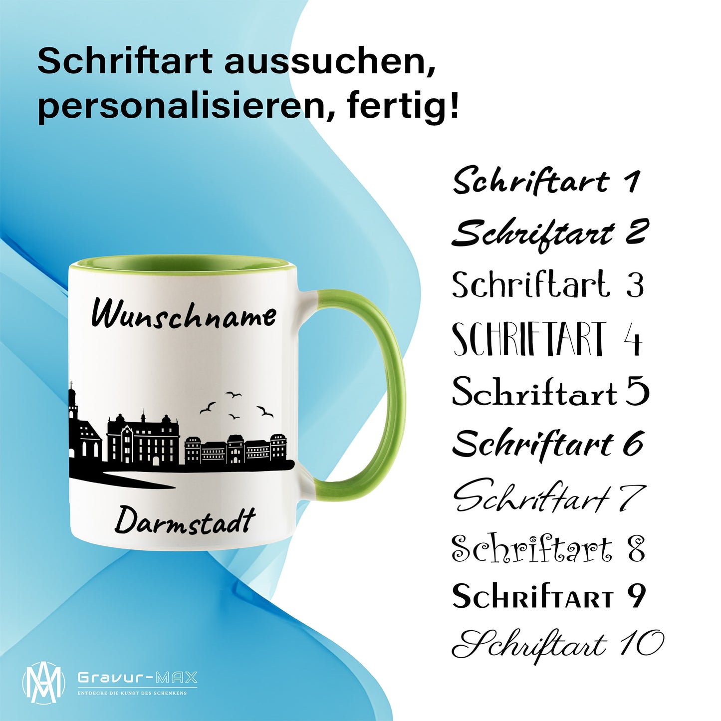 Tasse in Hellgrün 330ml bedruckt mit der Skyline von Darmstadt personalisierbar mit Wunschname