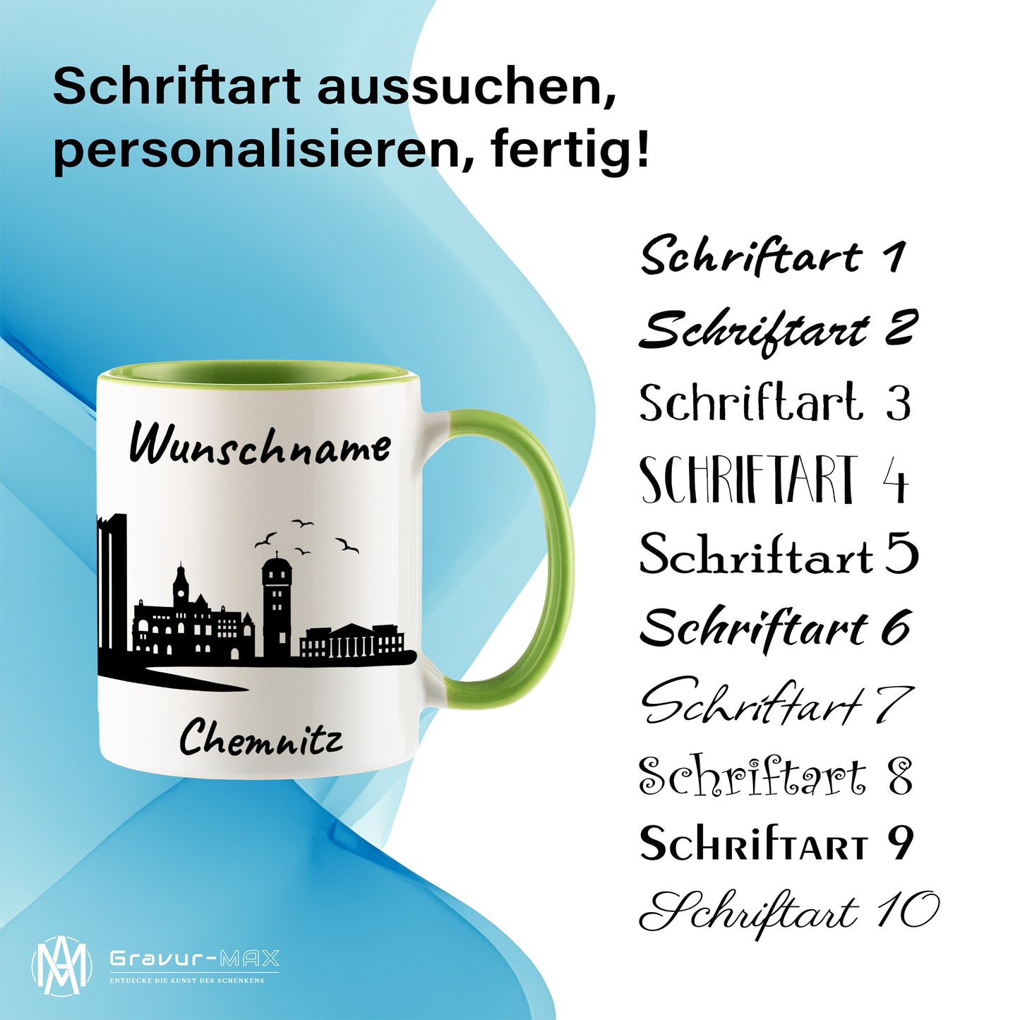 Tasse in Hellgrün 330ml bedruckt mit der Skyline von Chemnitz personalisierbar mit Wunschname