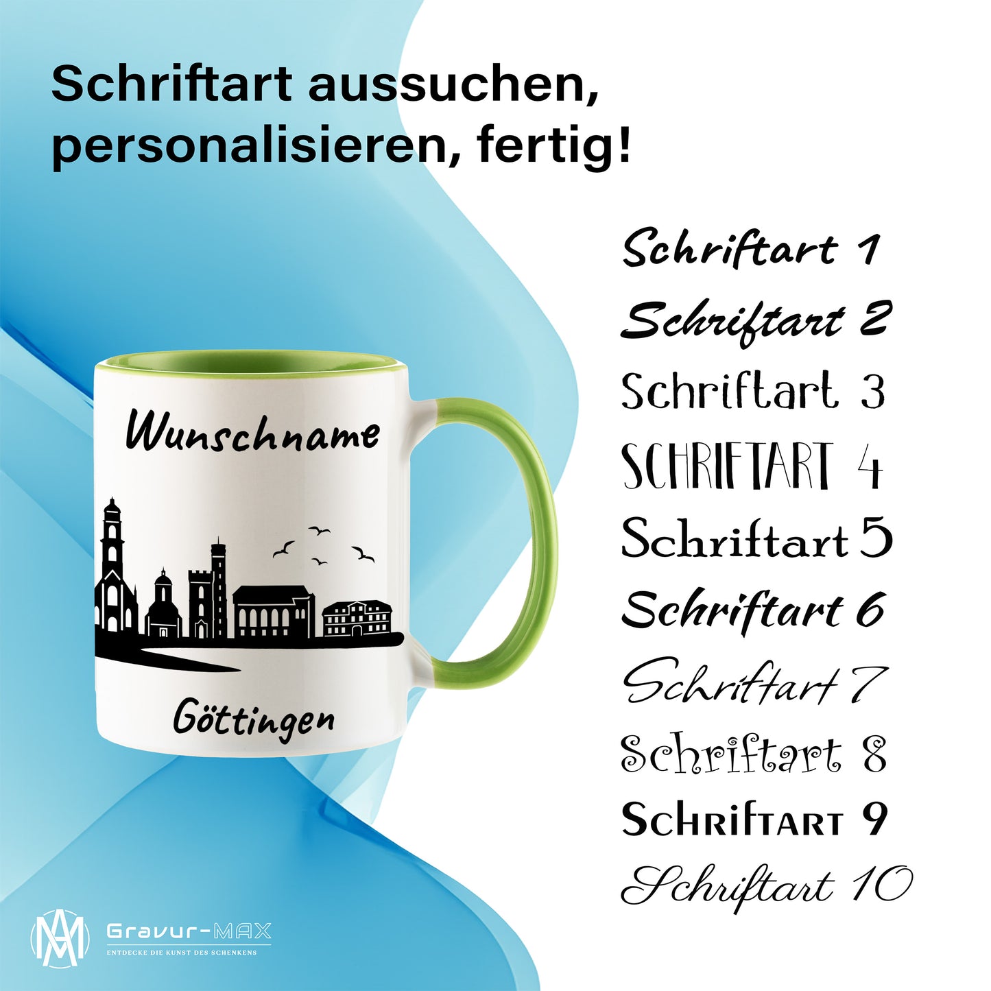 Tasse in Hellgrün 330ml bedruckt mit der Skyline von Göttingen personalisierbar mit Wunschname