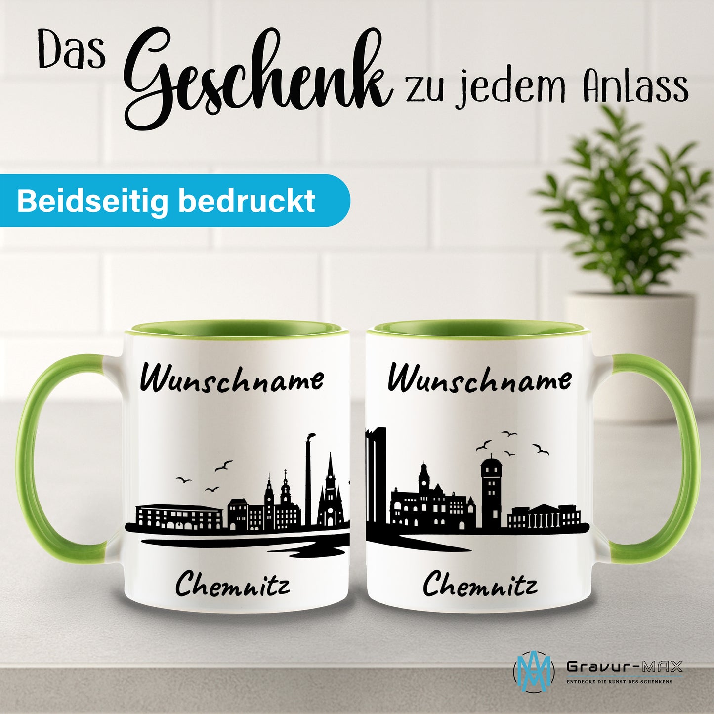 Tasse in Hellgrün 330ml bedruckt mit der Skyline von Chemnitz personalisierbar mit Wunschname