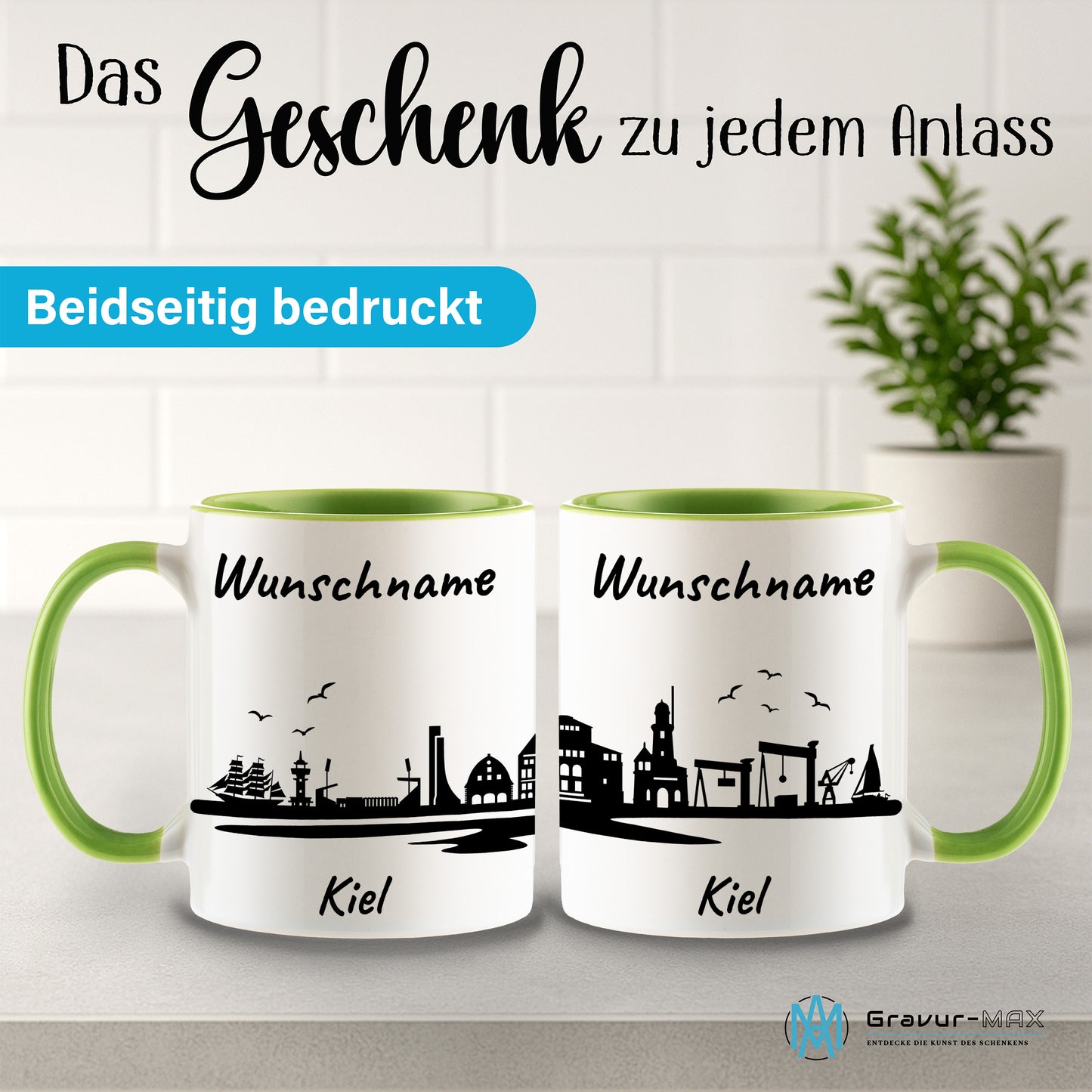 Tasse in Hellgrün 330ml bedruckt mit der Skyline von Kiel personalisierbar mit Wunschname