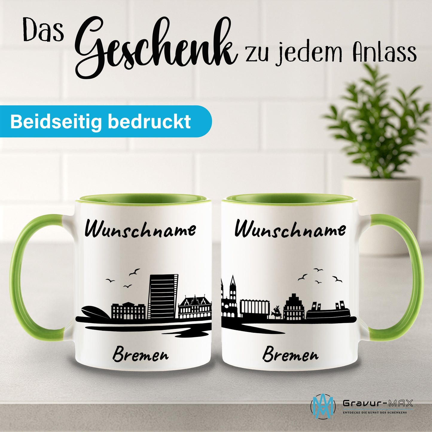 Tasse in Hellgrün 330ml bedruckt mit der Skyline von Bremen personalisierbar mit Wunschname