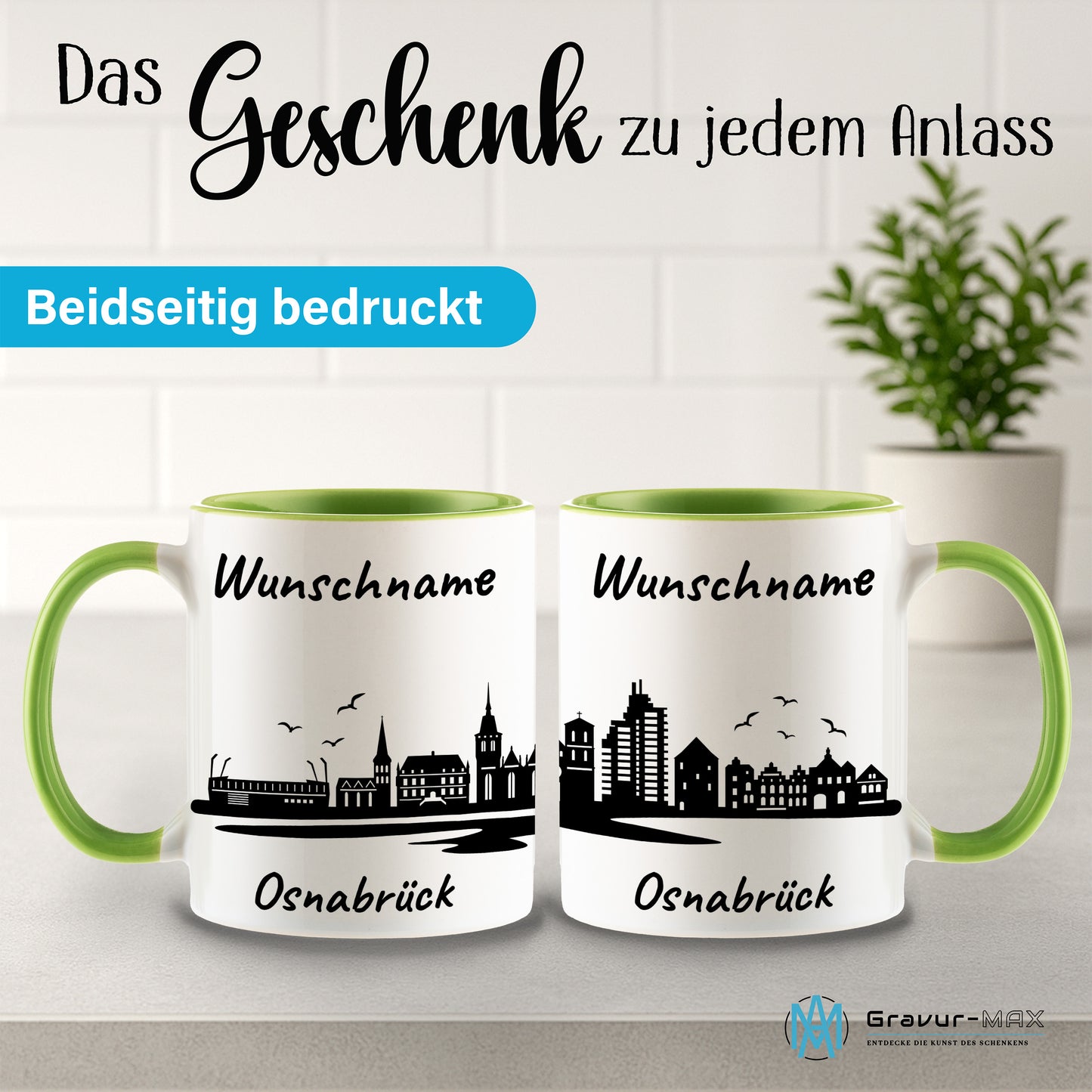 Tasse in Hellgrün 330ml bedruckt mit der Skyline von Osnabrück personalisierbar mit Wunschname