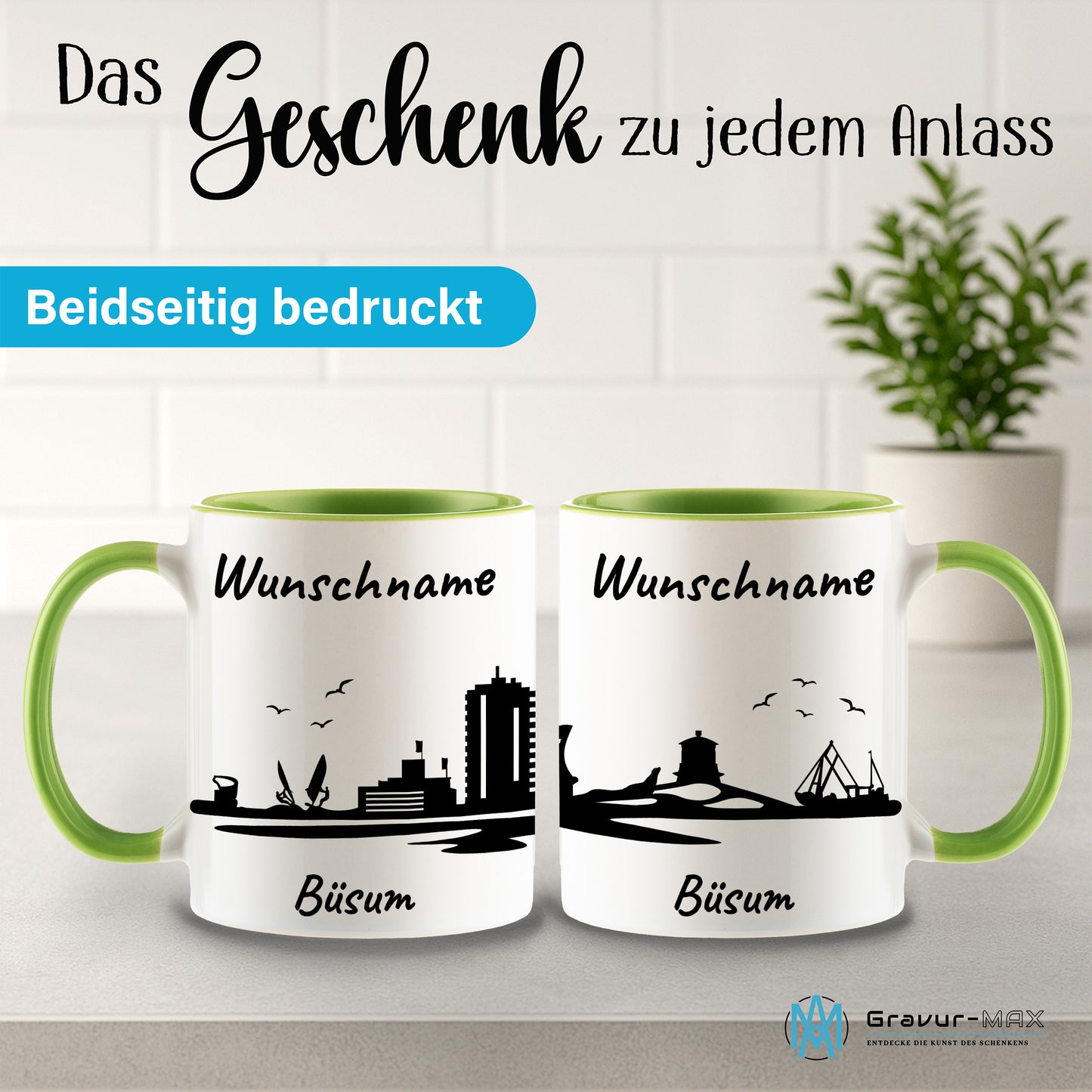 Tasse in Hellgrün 330ml bedruckt mit der Skyline von Büsum personalisierbar mit Wunschname