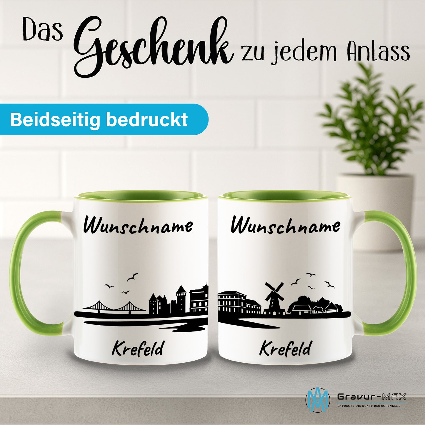 Tasse in Hellgrün 330ml bedruckt mit der Skyline von Krefeld personalisierbar mit Wunschname