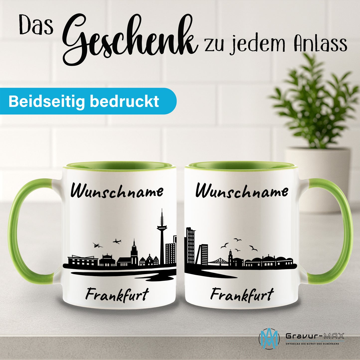 Tasse in Hellgrün 330ml bedruckt mit der Skyline von Frankfurt personalisierbar mit Wunschname