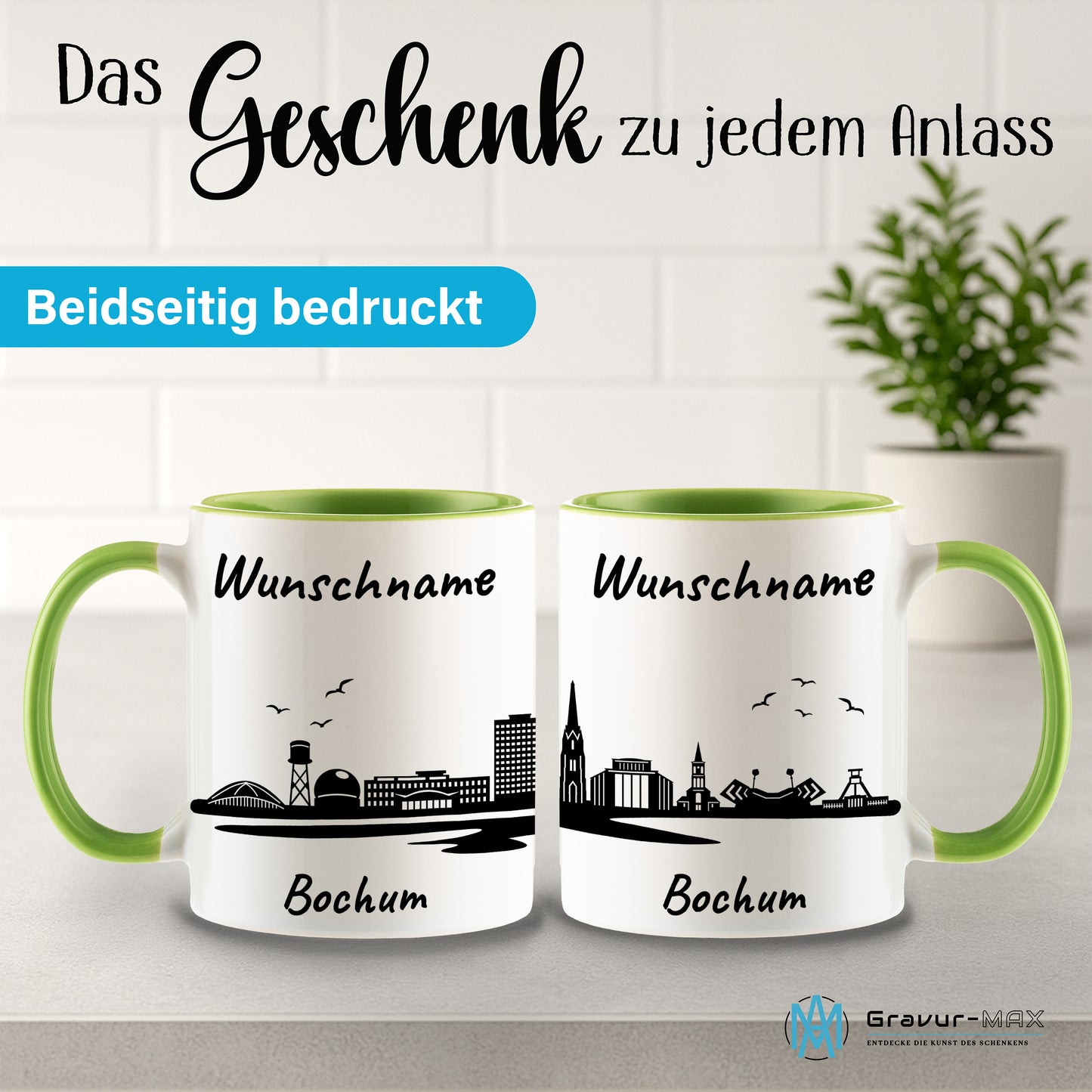 Tasse in Hellgrün 330ml bedruckt mit der Skyline von Bochum personalisierbar mit Wunschname