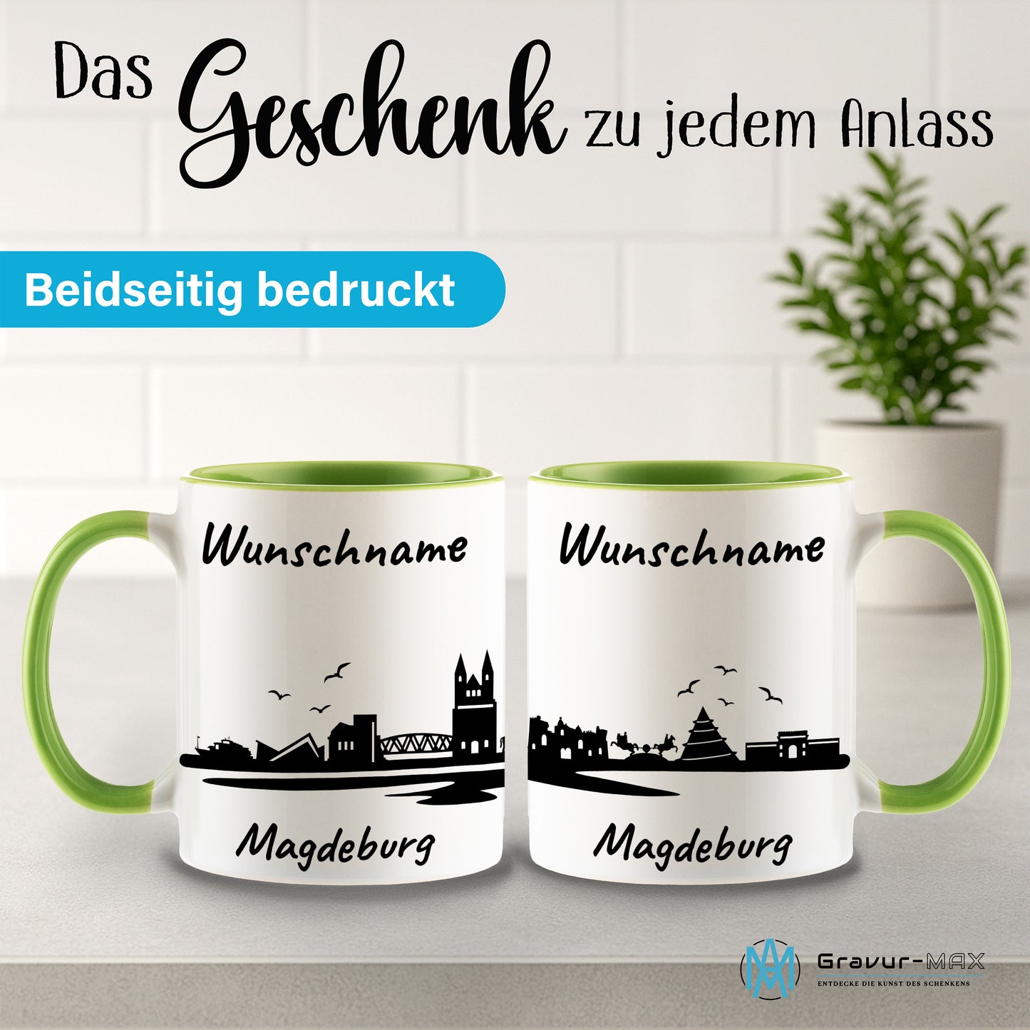 Tasse in Hellgrün 330ml bedruckt mit der Skyline von Magdeburg personalisierbar mit Wunschname