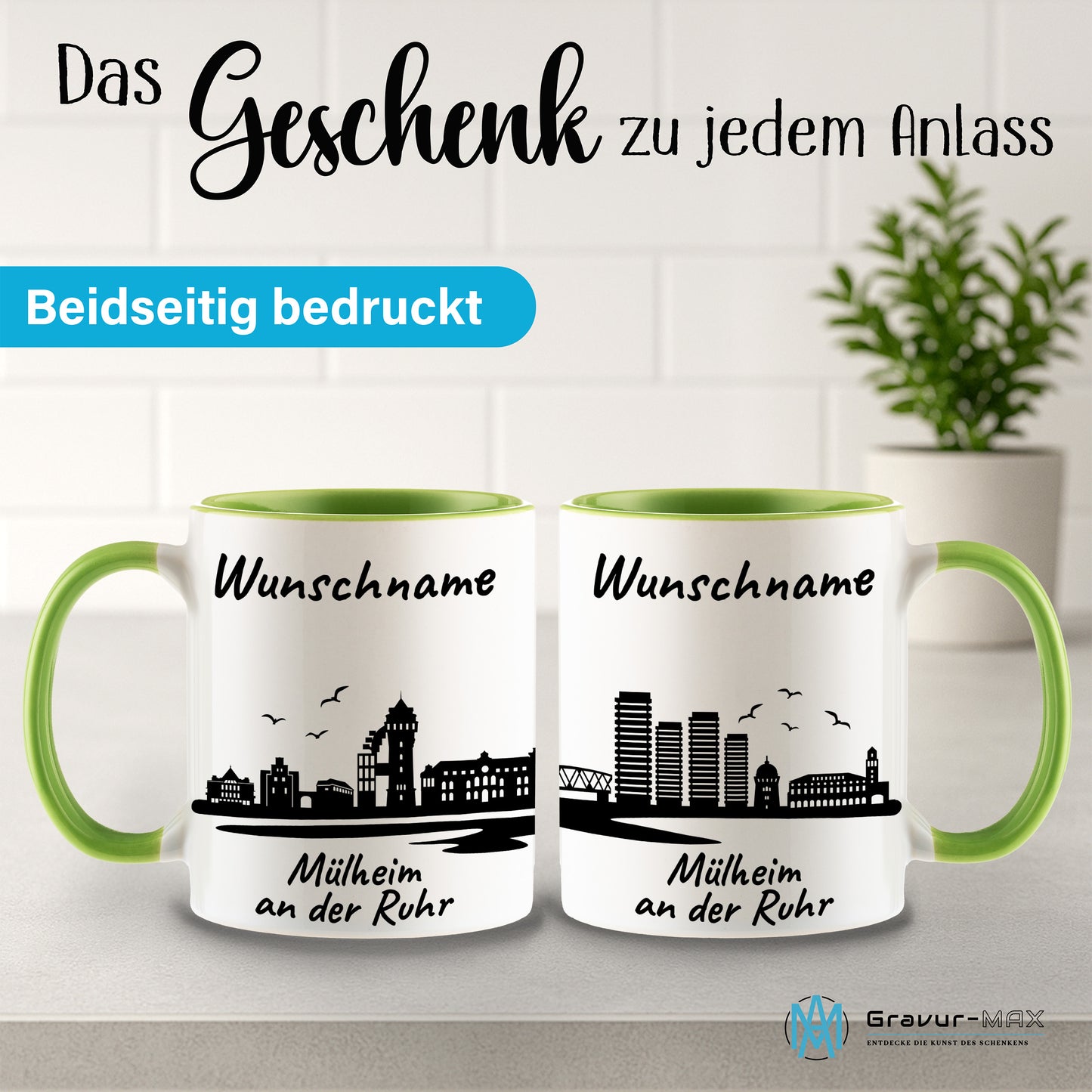 Tasse in Hellgrün 330ml bedruckt mit der Skyline von Mülheim an der Ruhr personalisierbar mit Wunschname