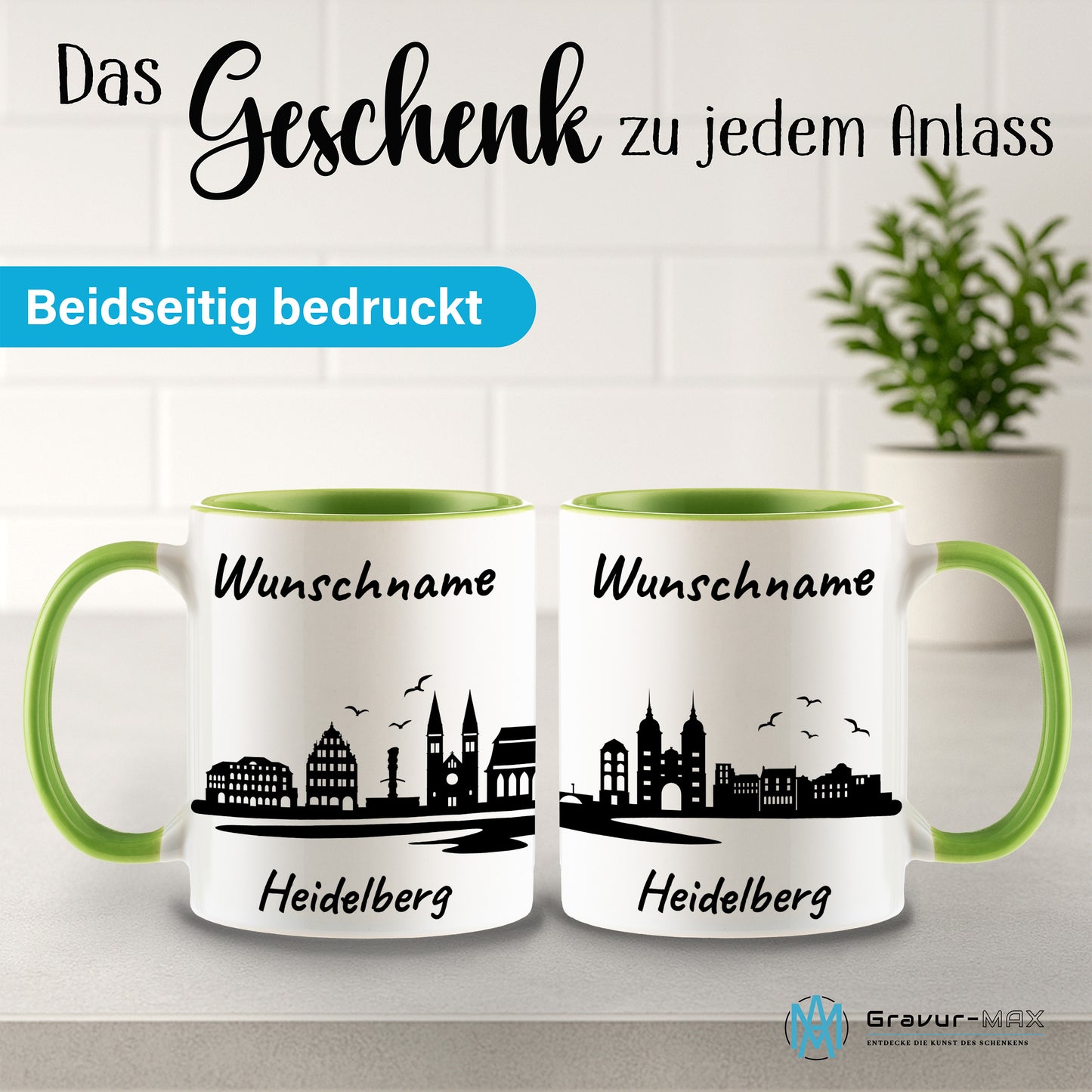 Tasse in Hellgrün 330ml bedruckt mit der Skyline von Heidelberg personalisierbar mit Wunschname