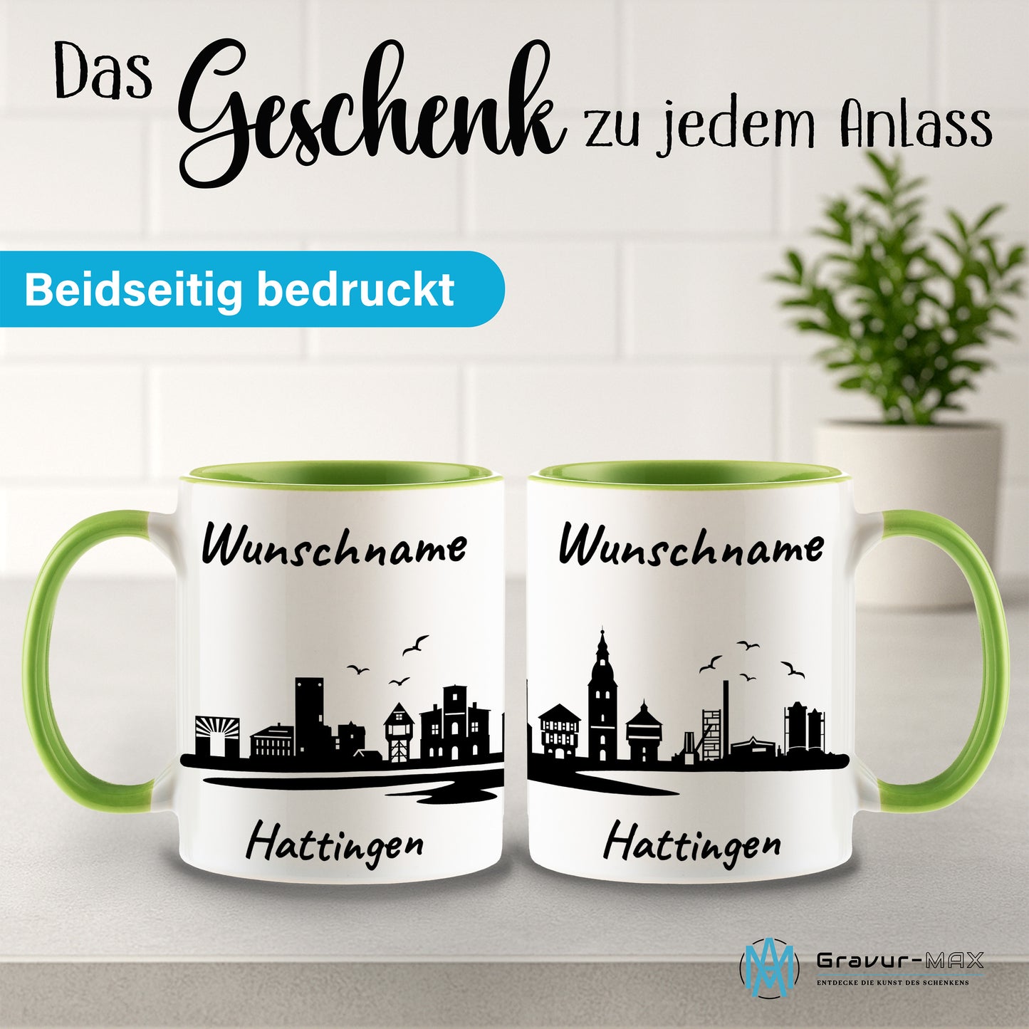 Tasse in Hellgrün 330ml bedruckt mit der Skyline von Hattingen personalisierbar mit Wunschname