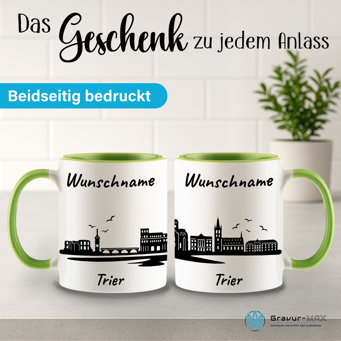 Tasse in Hellgrün 330ml bedruckt mit der Skyline von Trier personalisierbar mit Wunschname