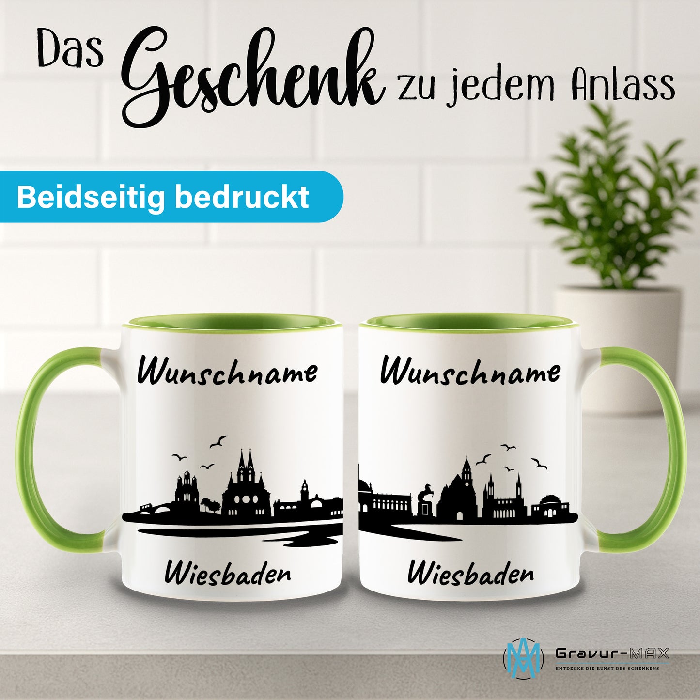 Tasse in Hellgrün 330ml bedruckt mit der Skyline von Wiesbaden personalisierbar mit Wunschname