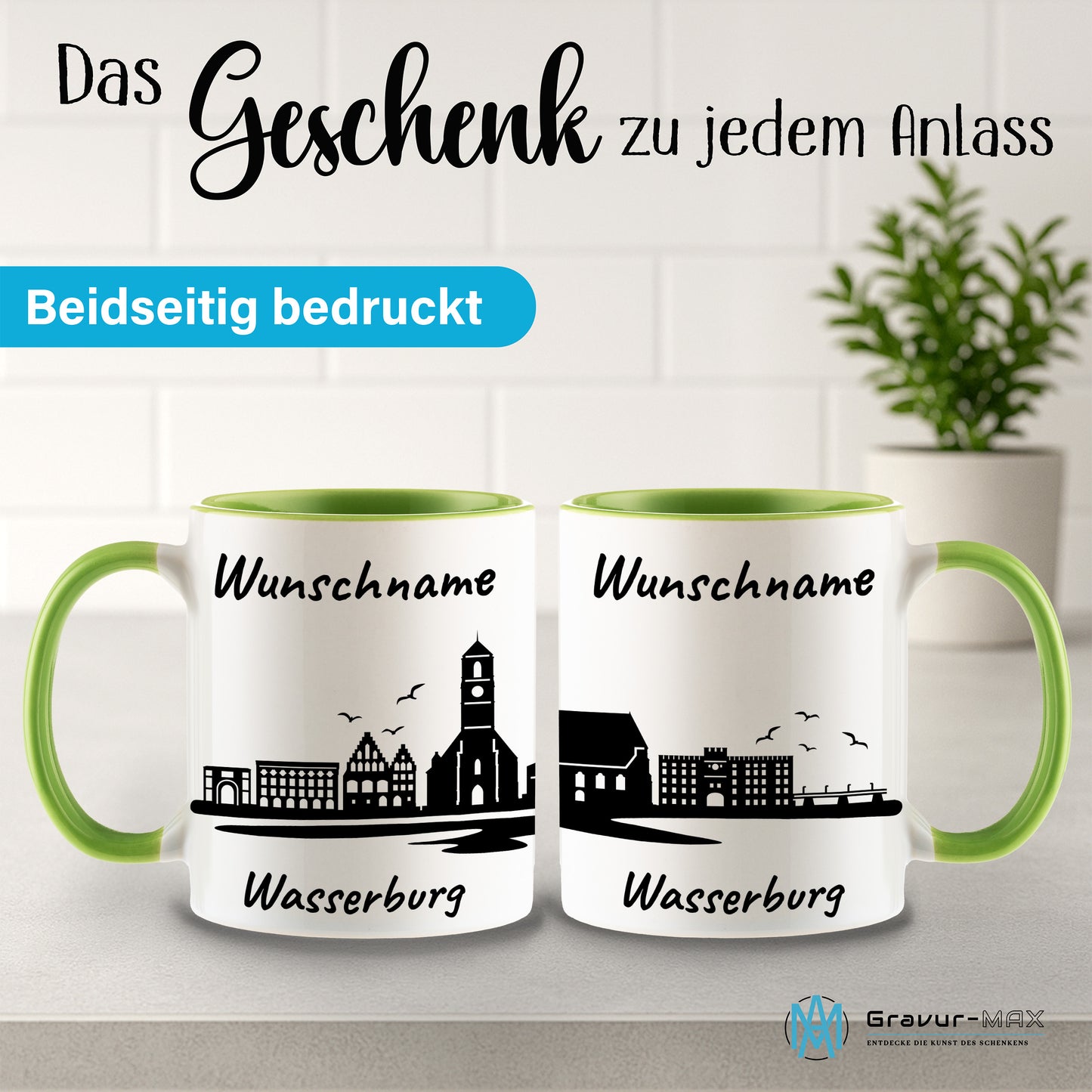 Tasse in Hellgrün 330ml bedruckt mit der Skyline von Wasserburg personalisierbar mit Wunschname