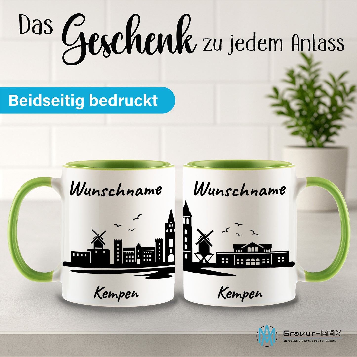 Tasse in Hellgrün 330ml bedruckt mit der Skyline von Kempen personalisierbar mit Wunschname