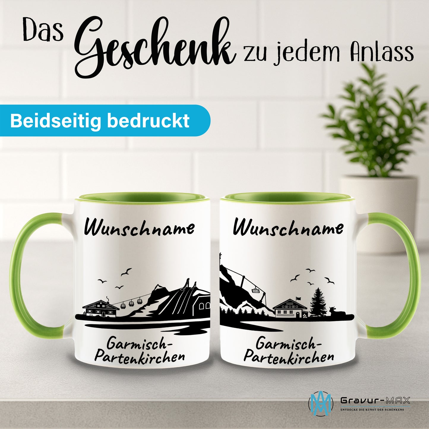 Tasse in Hellgrün 330ml bedruckt mit der Skyline von Garmisch-Partenkirchen personalisierbar mit Wunschname