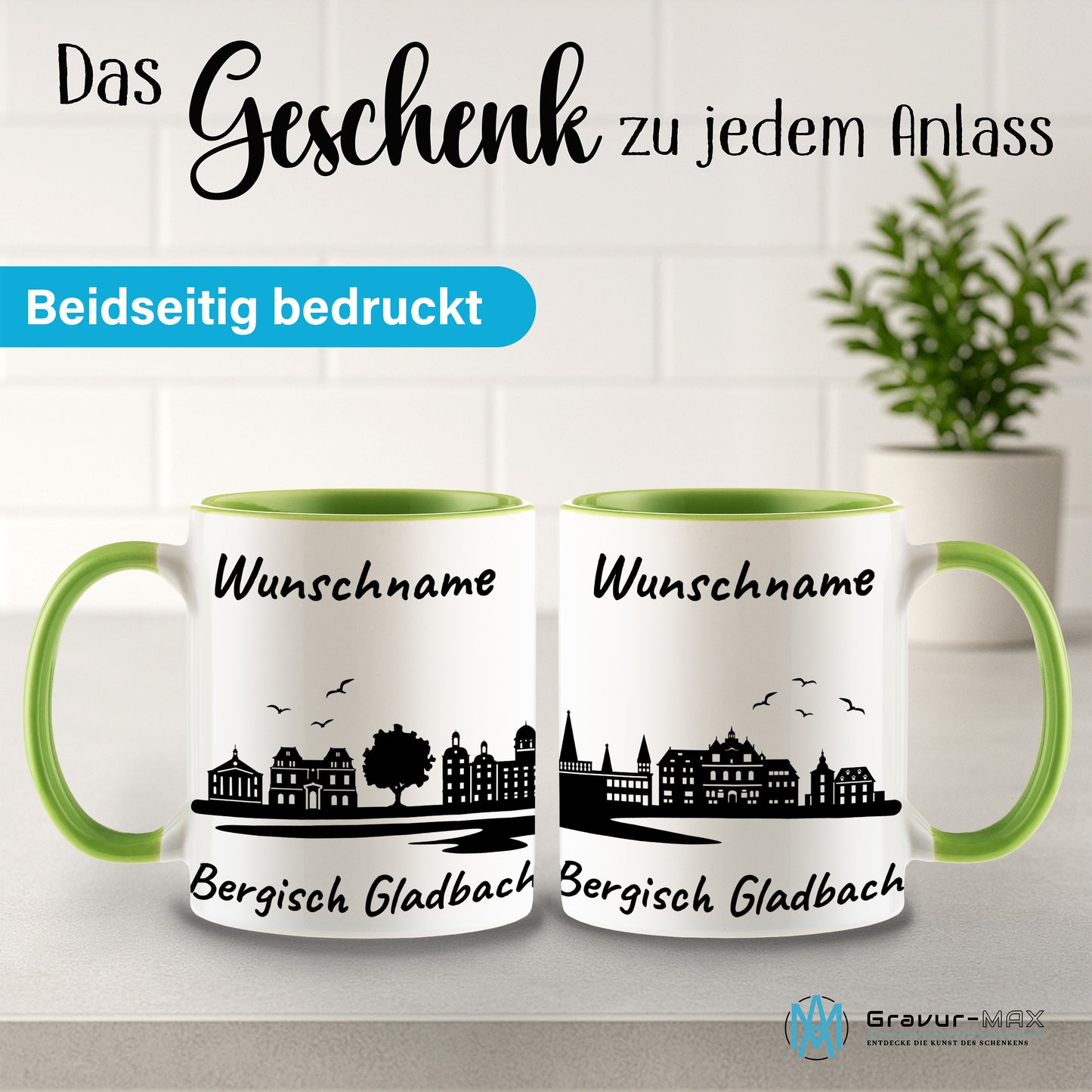 Tasse in Hellgrün 330ml bedruckt mit der Skyline von Bergisch Gladbach personalisierbar mit Wunschname