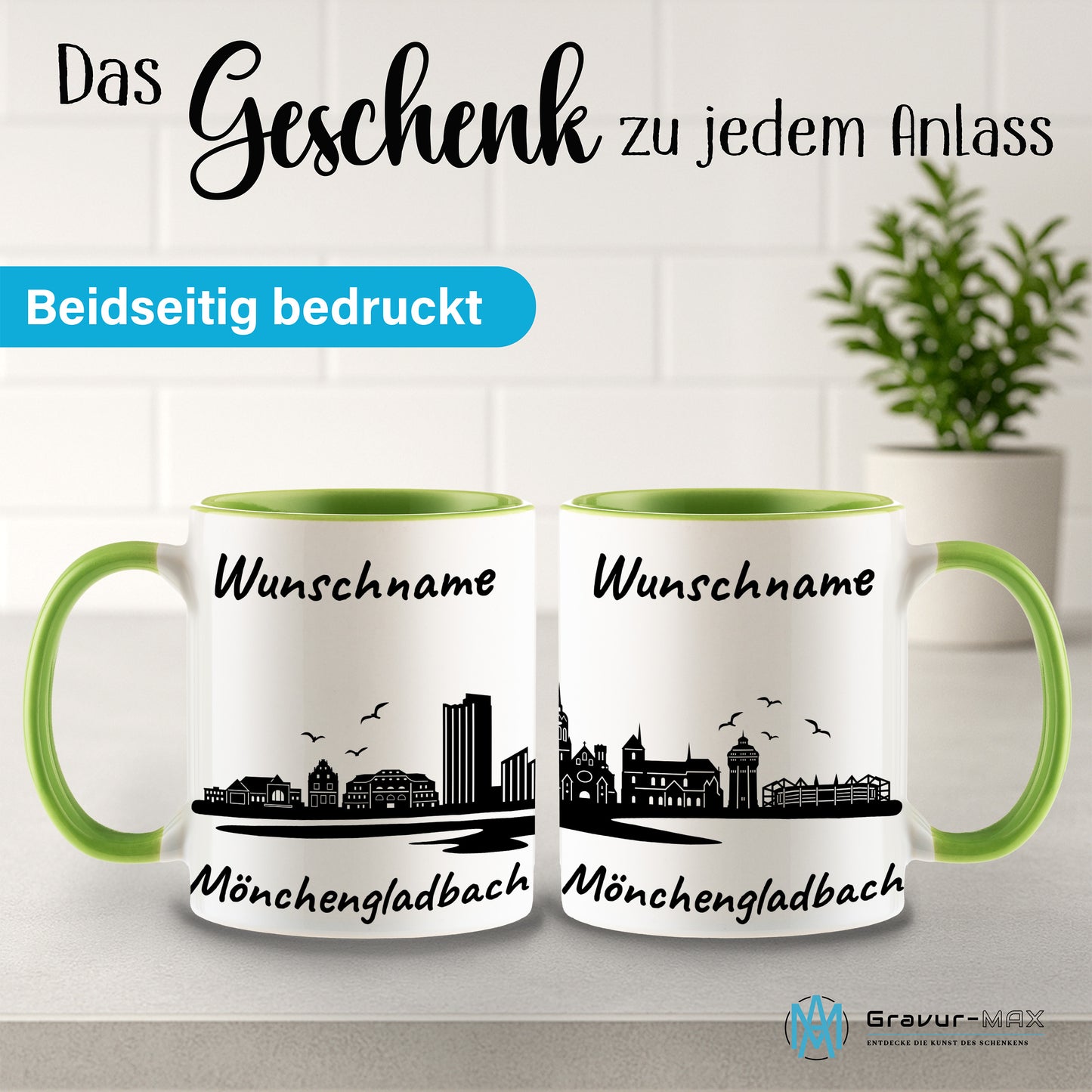 Tasse in Hellgrün 330ml bedruckt mit der Skyline von Mönchengladbach personalisierbar mit Wunschname