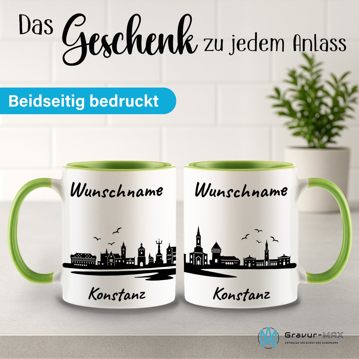 Tasse in Hellgrün 330ml bedruckt mit der Skyline von Konstanz personalisierbar mit Wunschname