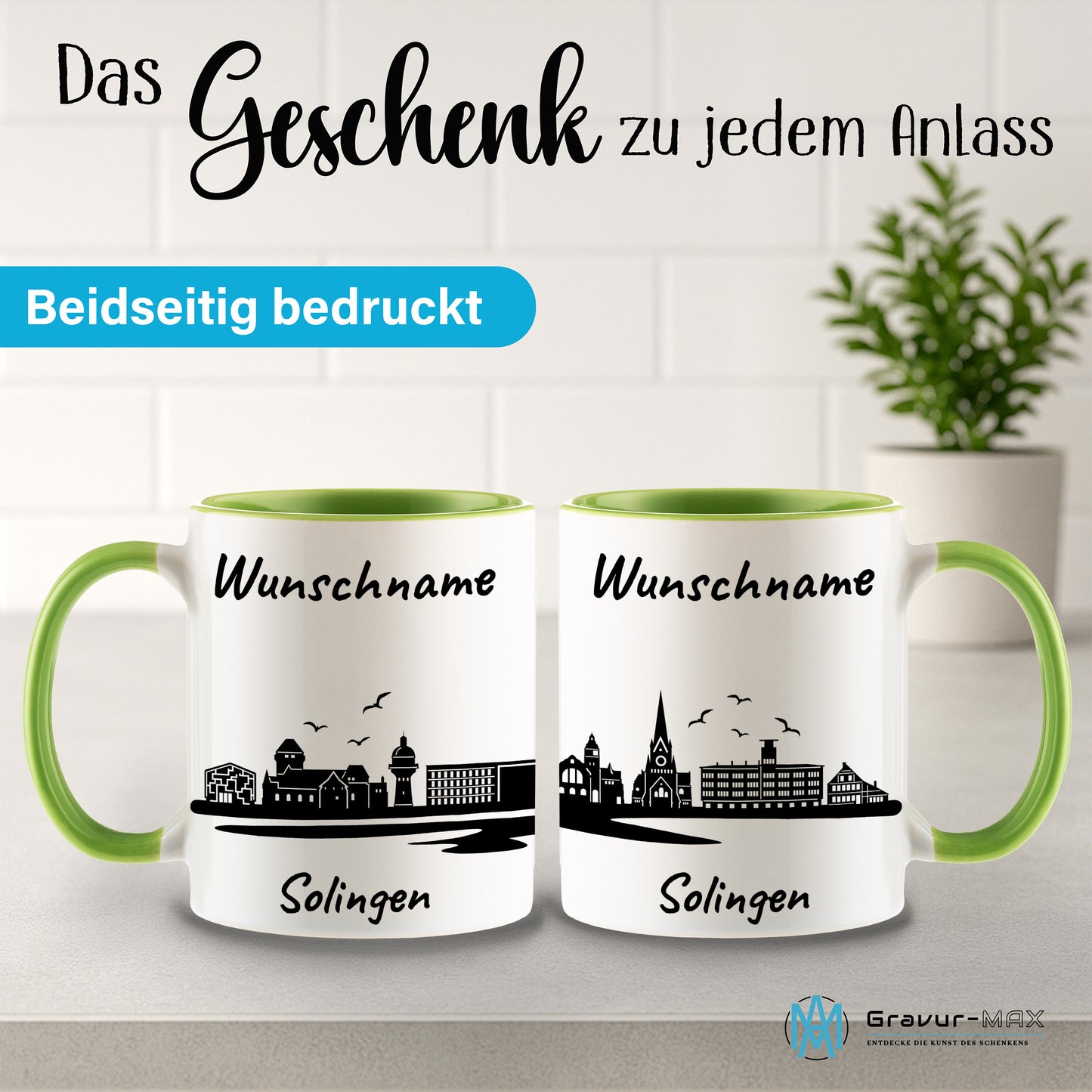 Tasse in Hellgrün 330ml bedruckt mit der Skyline von Solingen personalisierbar mit Wunschname
