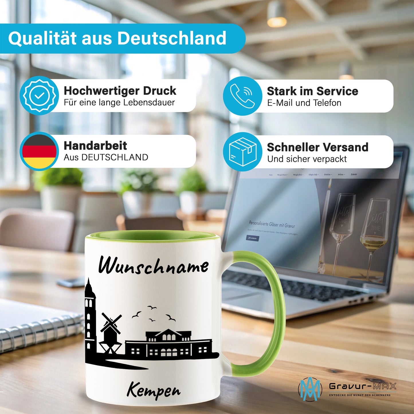 Tasse in Hellgrün 330ml bedruckt mit der Skyline von Kempen personalisierbar mit Wunschname