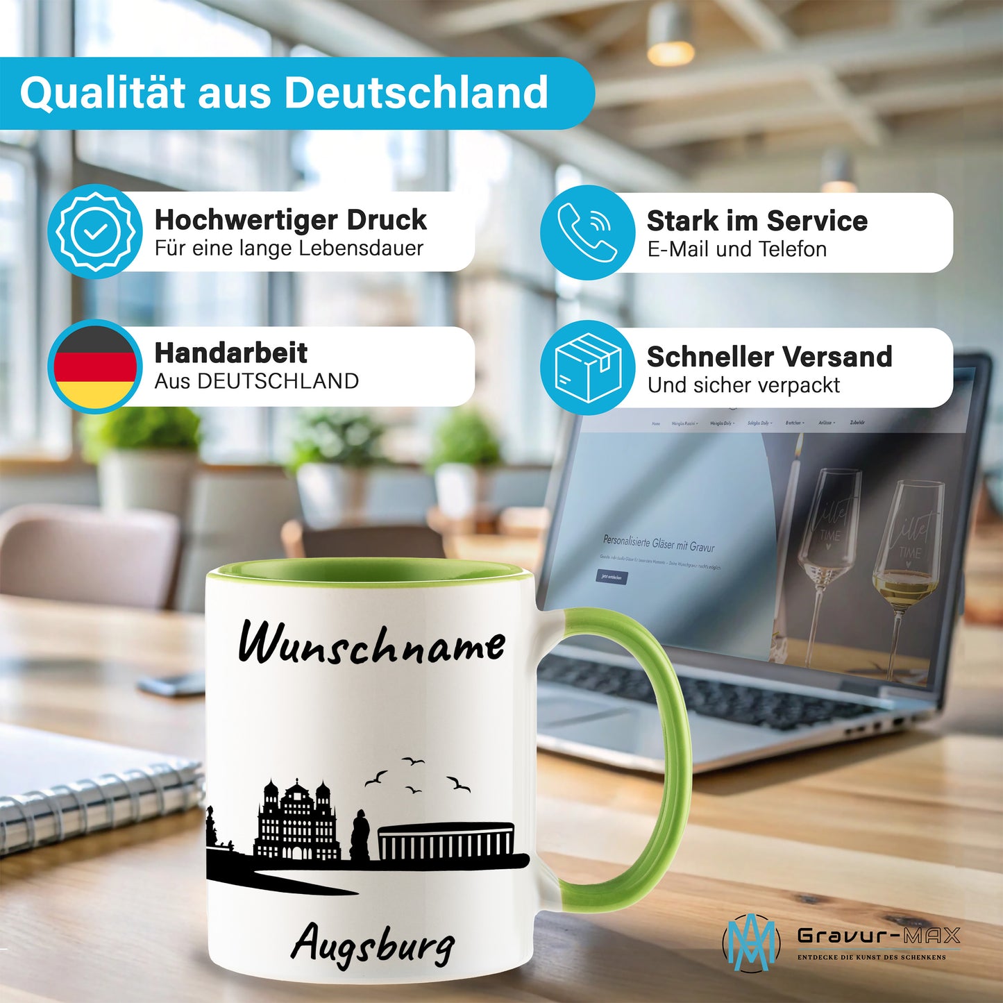 Tasse in Hellgrün 330ml bedruckt mit der Skyline von Augsburg personalisierbar mit Wunschname