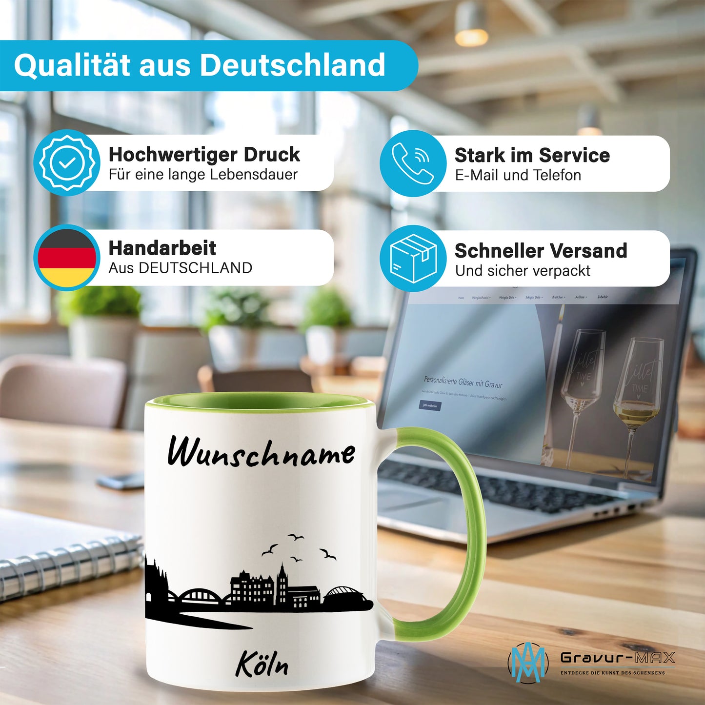 Tasse in Hellgrün 330ml bedruckt mit der Skyline von Köln personalisierbar mit Wunschname