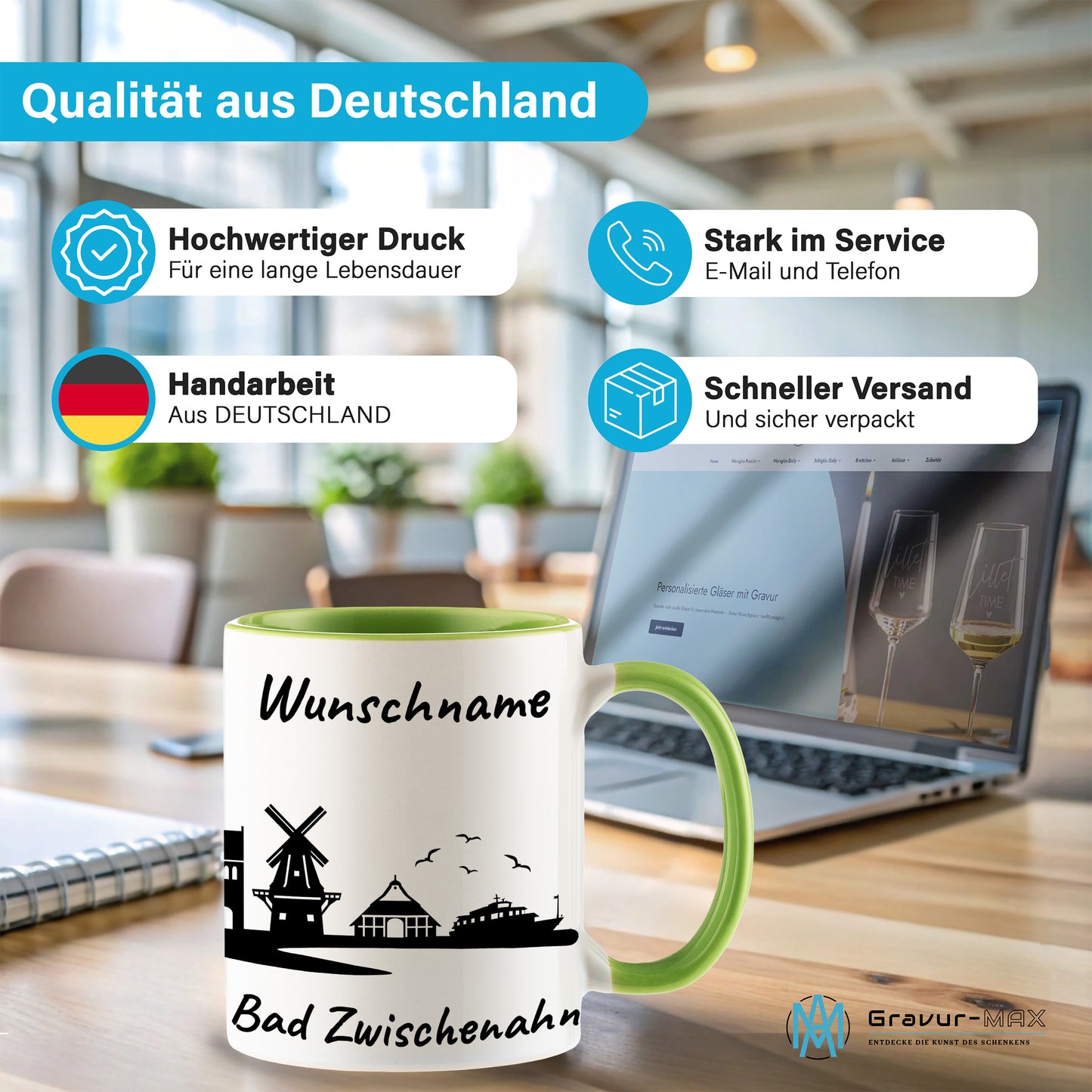 Tasse in Hellgrün 330ml bedruckt mit der Skyline von Bad Zwischenahn personalisierbar mit Wunschname