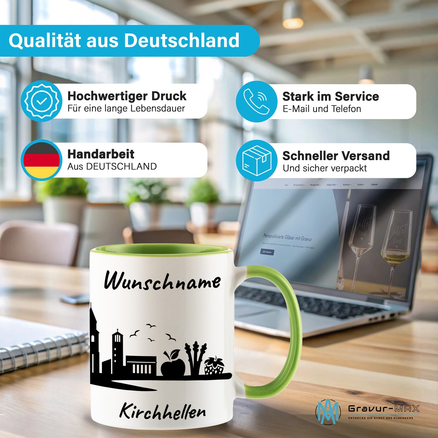 Tasse in Hellgrün 330ml bedruckt mit der Skyline von Kirchhellen personalisierbar mit Wunschname