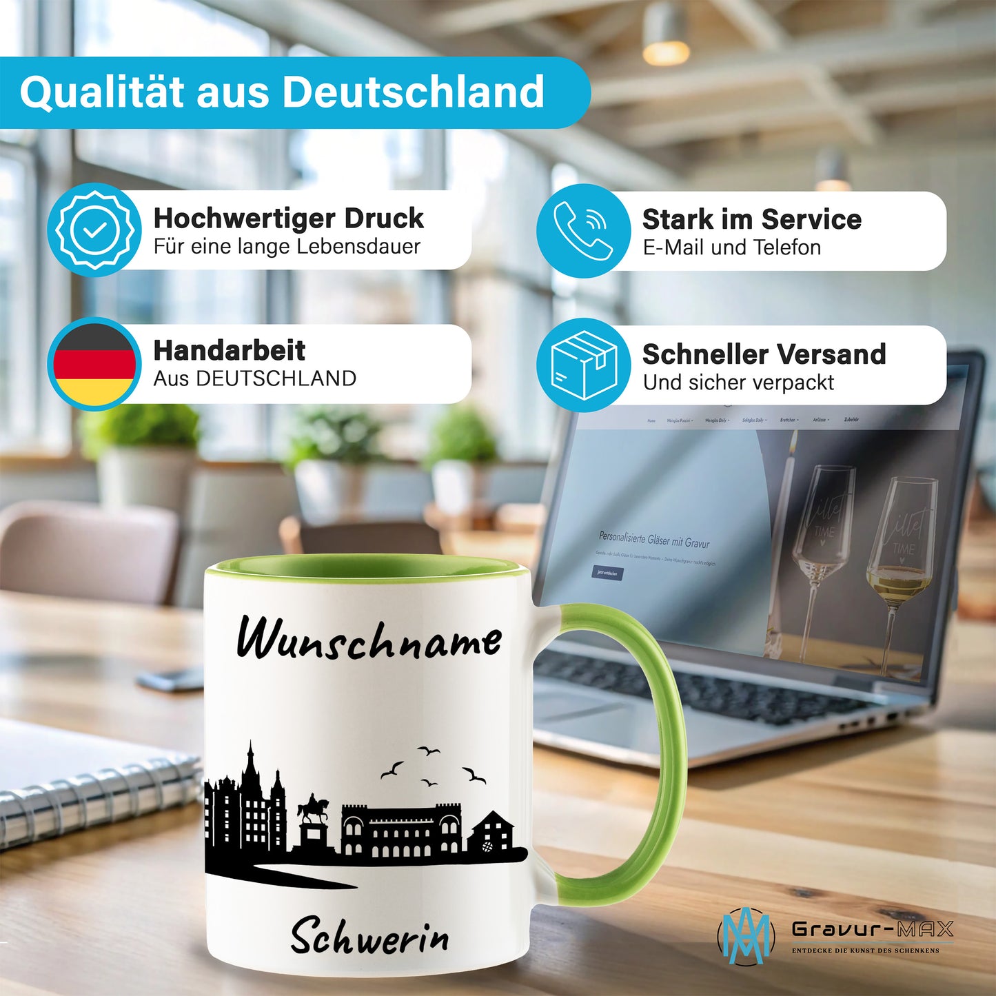 Tasse in Hellgrün 330ml bedruckt mit der Skyline von Schwerin personalisierbar mit Wunschname