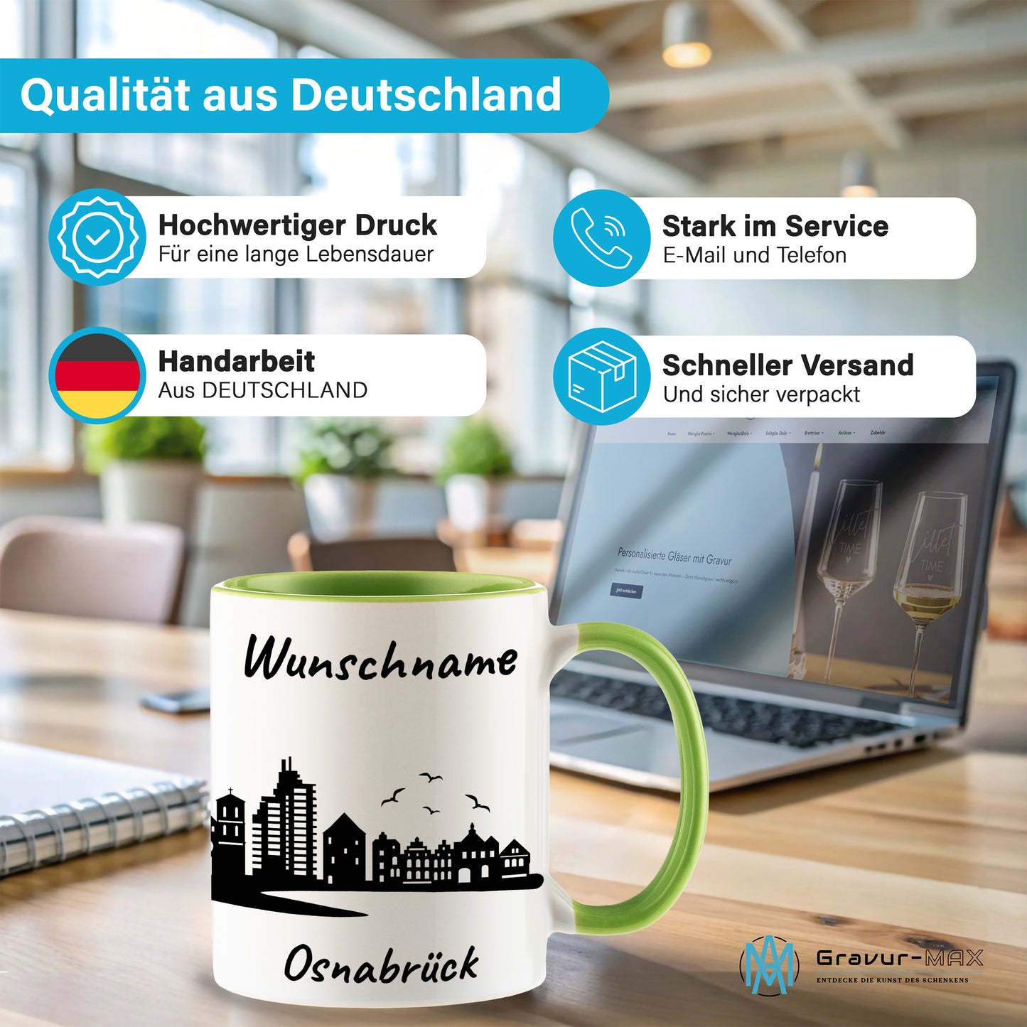 Tasse in Hellgrün 330ml bedruckt mit der Skyline von Osnabrück personalisierbar mit Wunschname