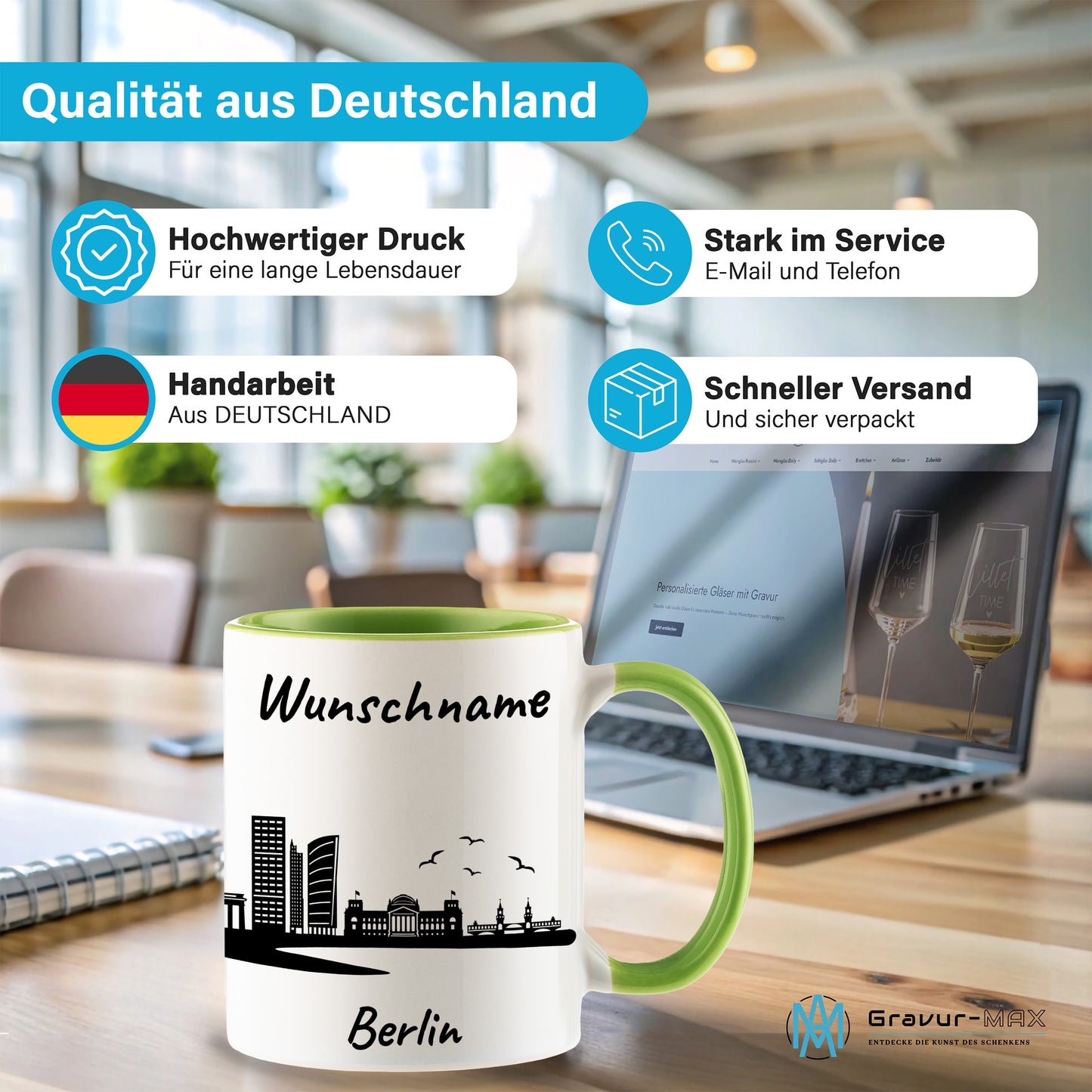 Tasse in Hellgrün 330ml bedruckt mit der Skyline von Berlin personalisierbar mit Wunschname