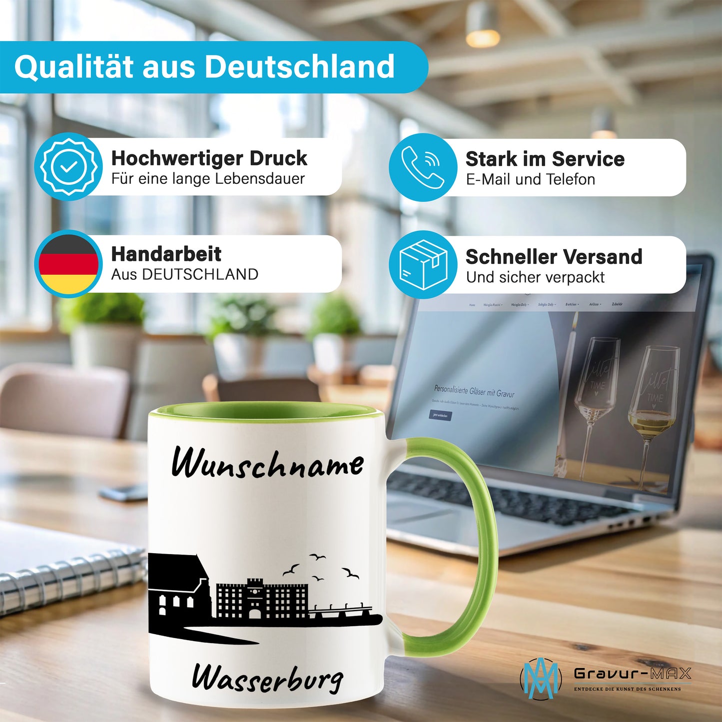 Tasse in Hellgrün 330ml bedruckt mit der Skyline von Wasserburg personalisierbar mit Wunschname