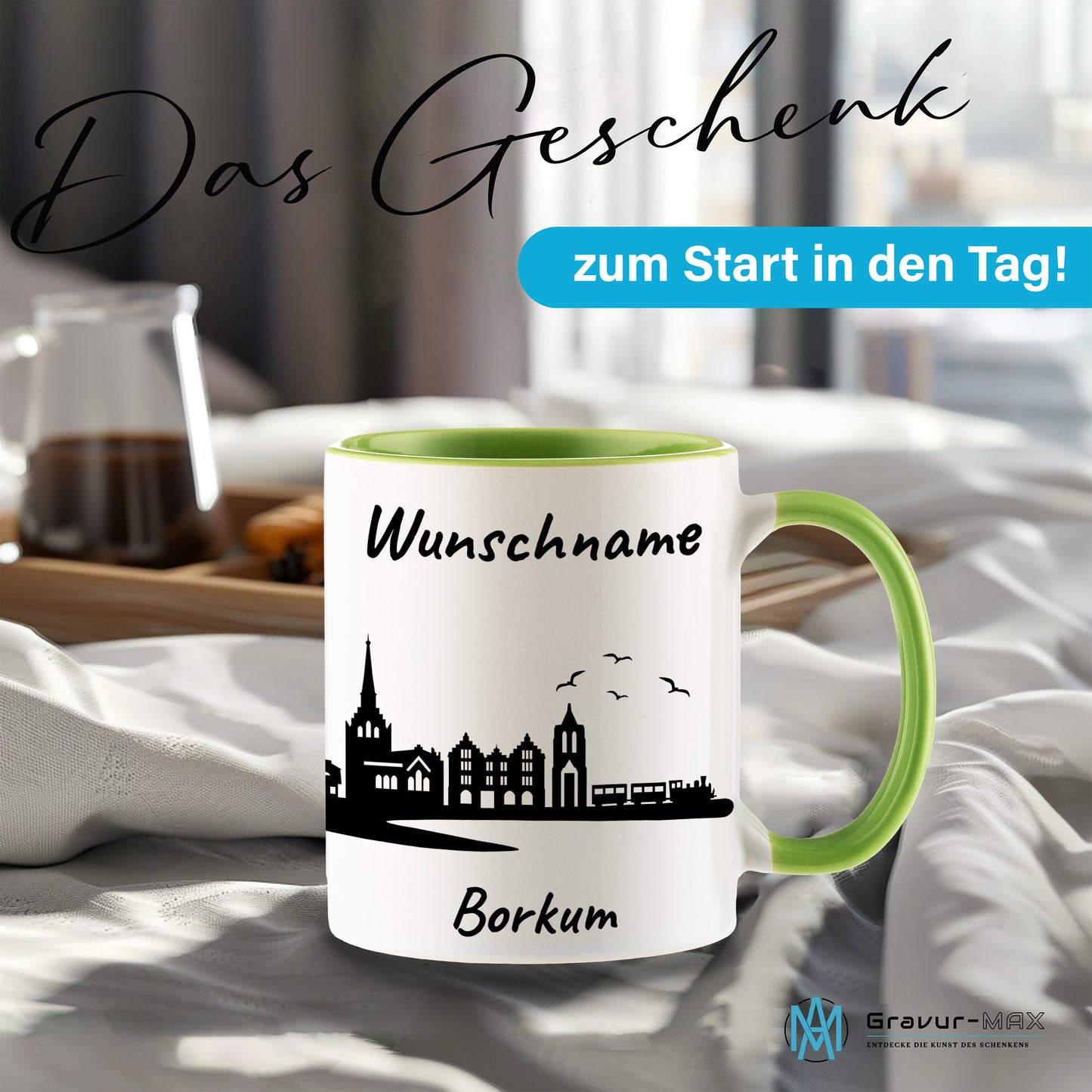 Tasse in Hellgrün 330ml bedruckt mit der Skyline von Borkum personalisierbar mit Wunschname