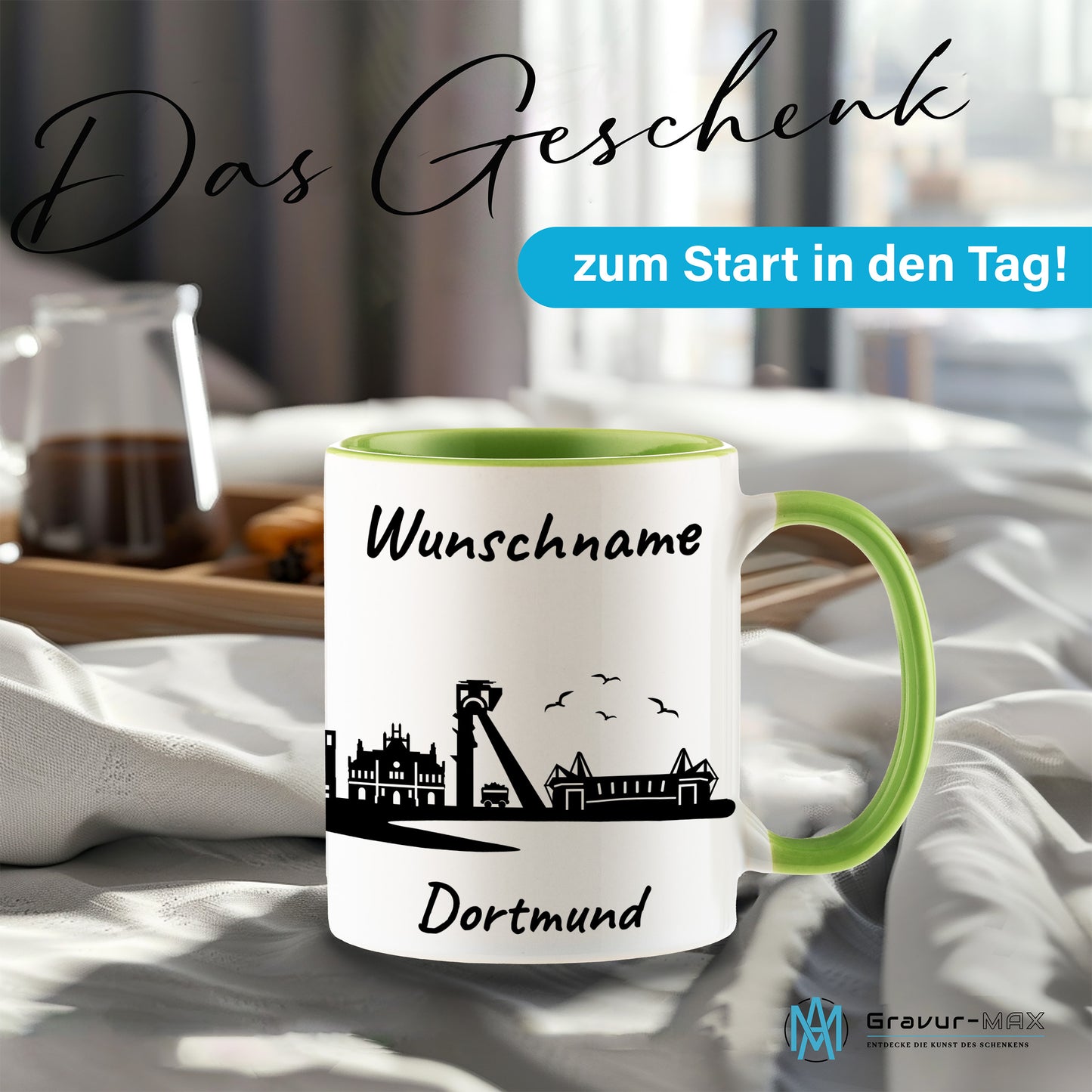 Tasse in Hellgrün 330ml bedruckt mit der Skyline von Dortmund personalisierbar mit Wunschname