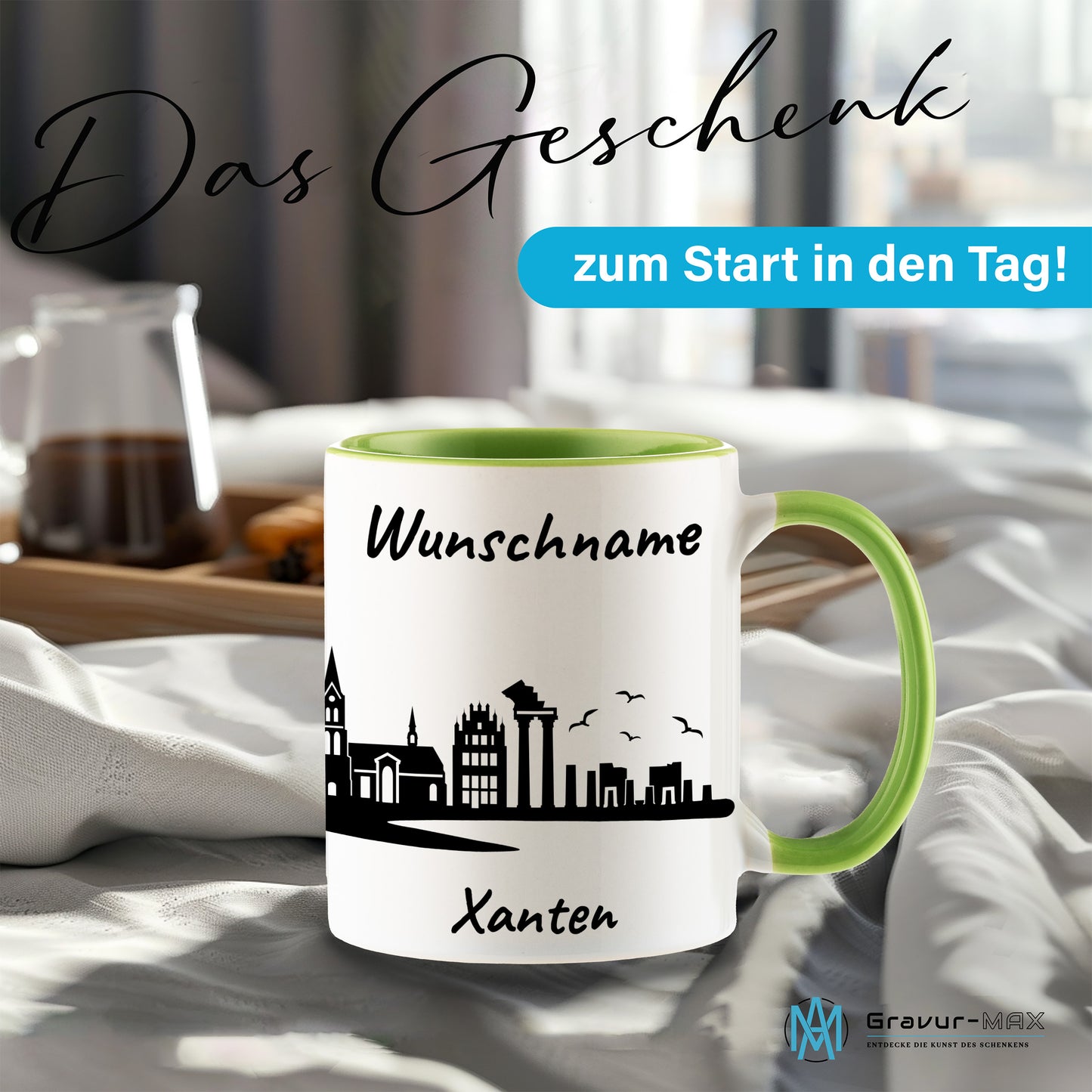 Tasse in Hellgrün 330ml bedruckt mit der Skyline von Xanten personalisierbar mit Wunschname