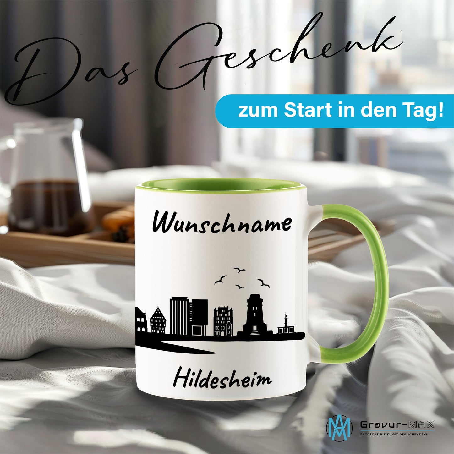 Tasse in Hellgrün 330ml bedruckt mit der Skyline von Hildesheim personalisierbar mit Wunschname
