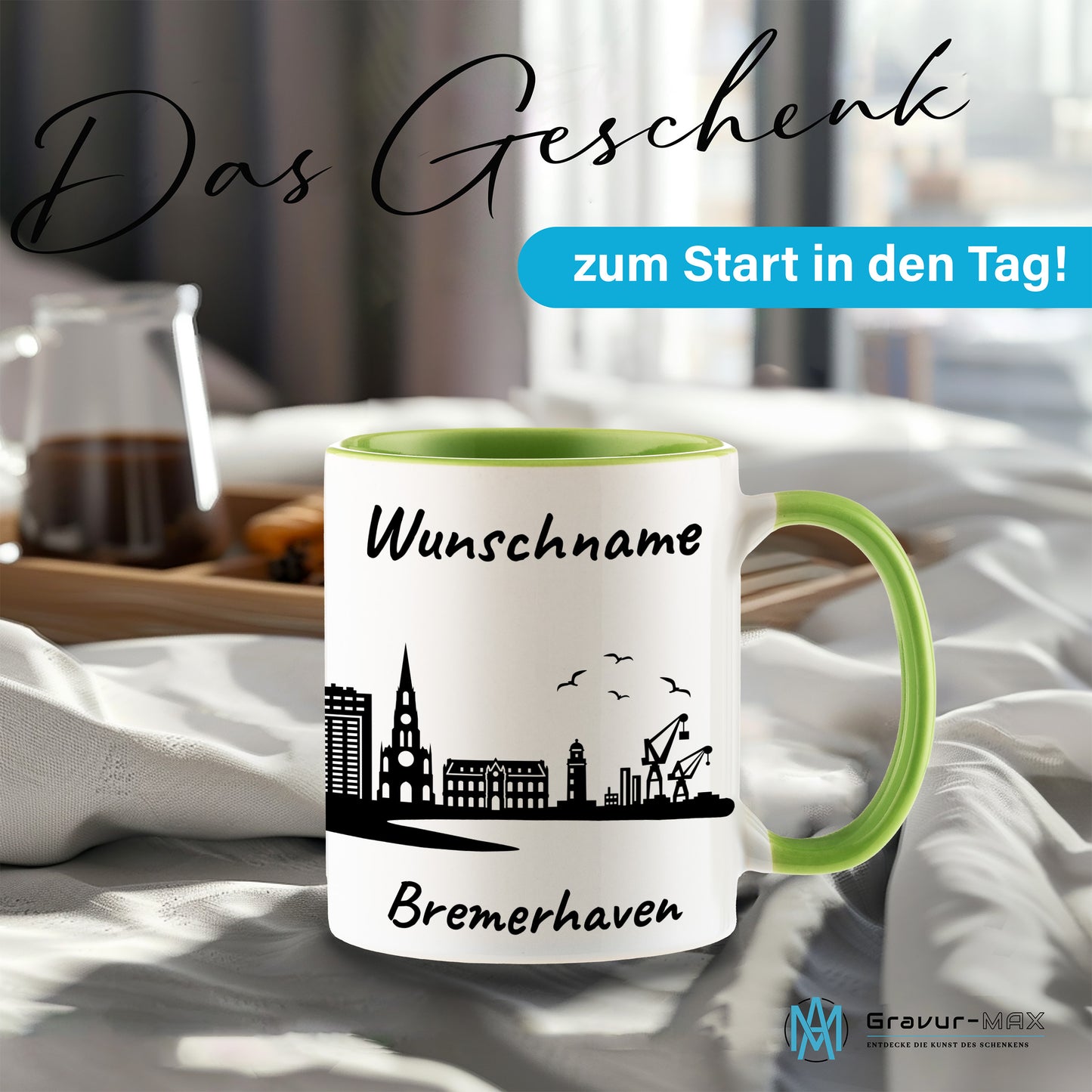 Tasse in Hellgrün 330ml bedruckt mit der Skyline von Bremerhaven personalisierbar mit Wunschname