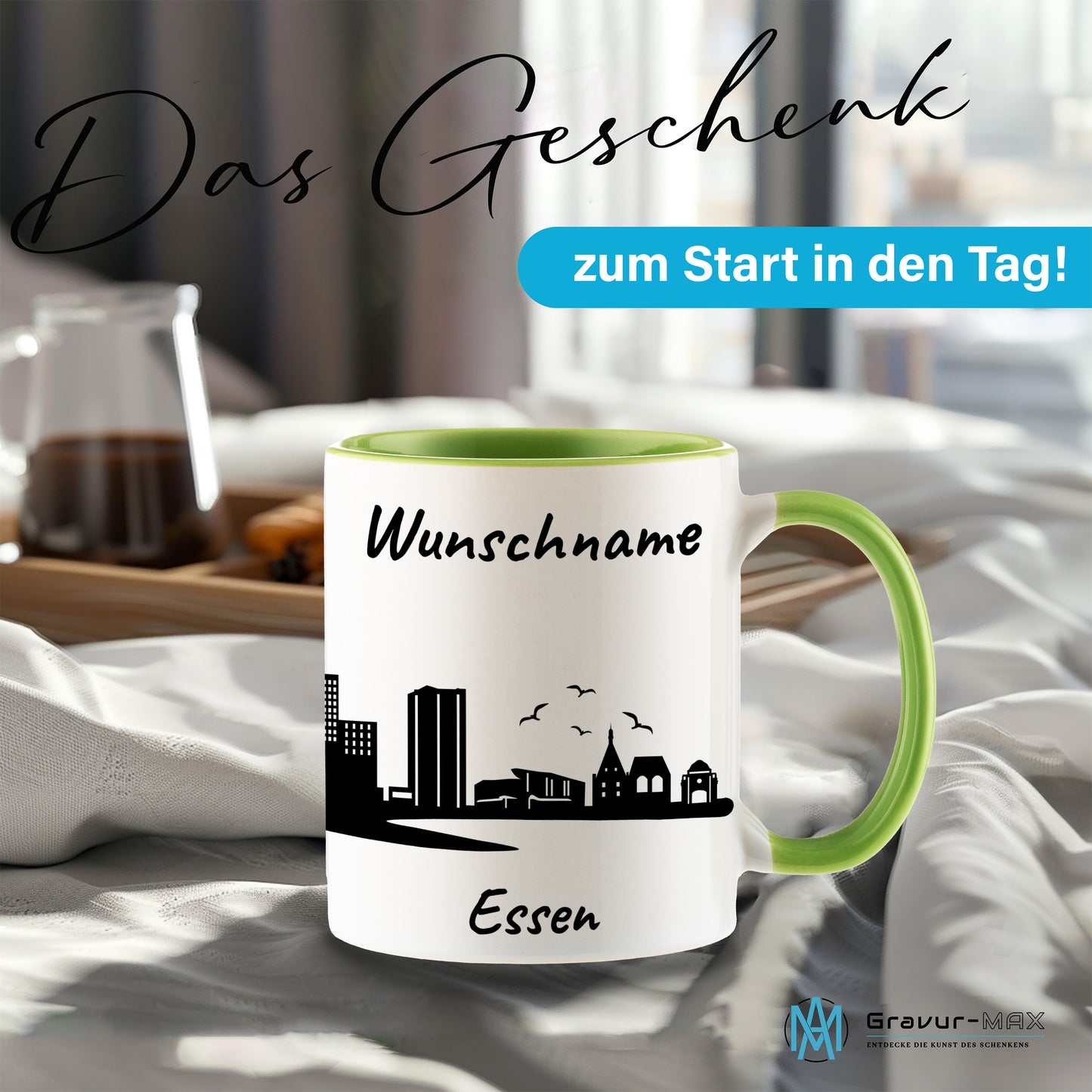 Tasse in Hellgrün 330ml bedruckt mit der Skyline von Essen personalisierbar mit Wunschname