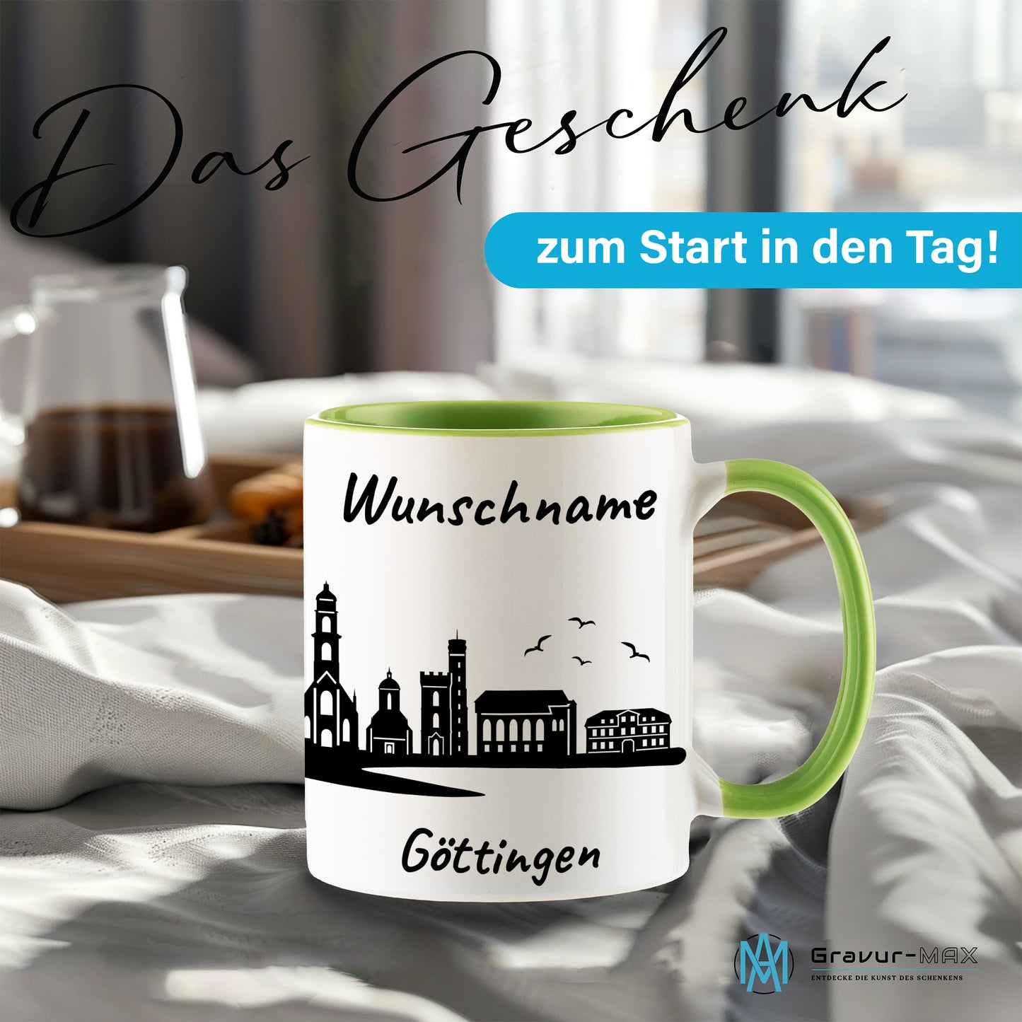 Tasse in Hellgrün 330ml bedruckt mit der Skyline von Göttingen personalisierbar mit Wunschname