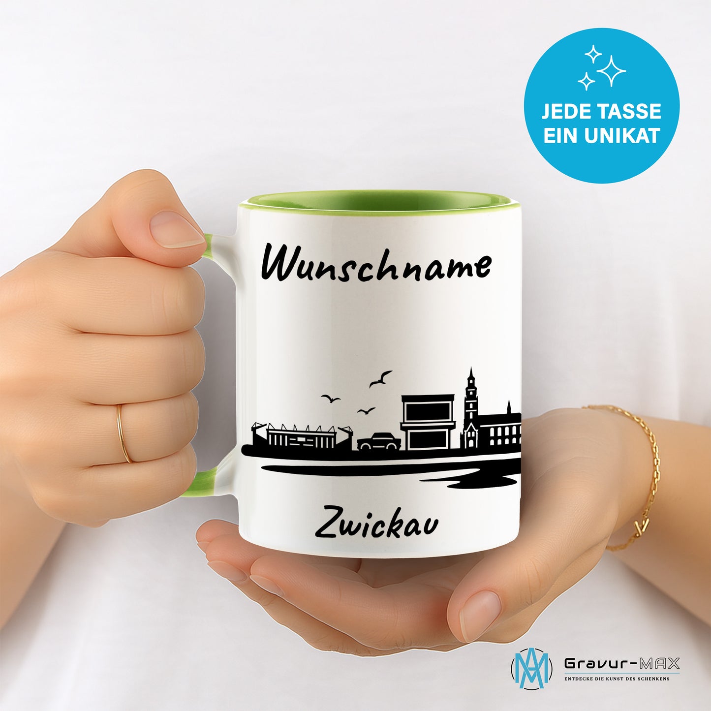 Tasse in Hellgrün 330ml bedruckt mit der Skyline von Zwickau personalisierbar mit Wunschname