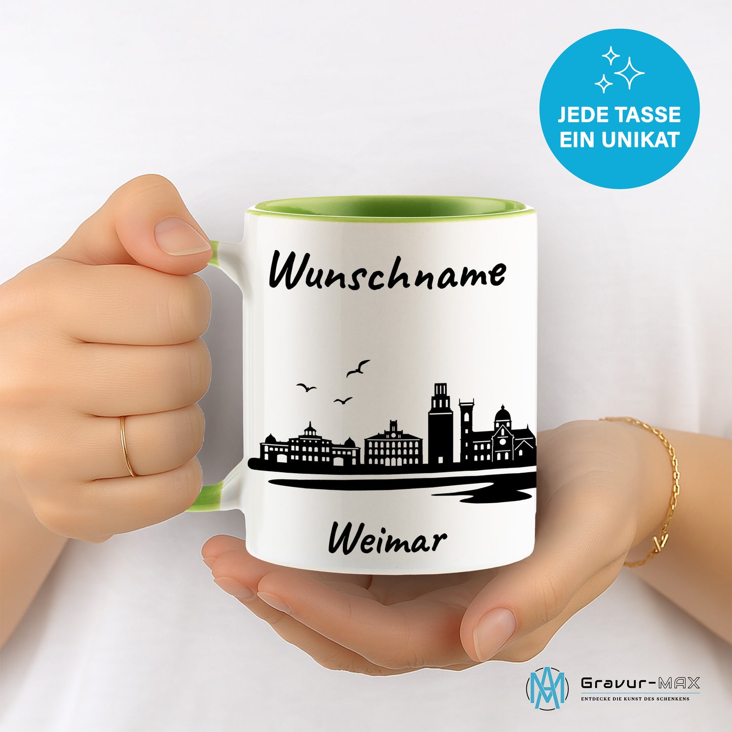Tasse in Hellgrün 330ml bedruckt mit der Skyline von Weimar personalisierbar mit Wunschname