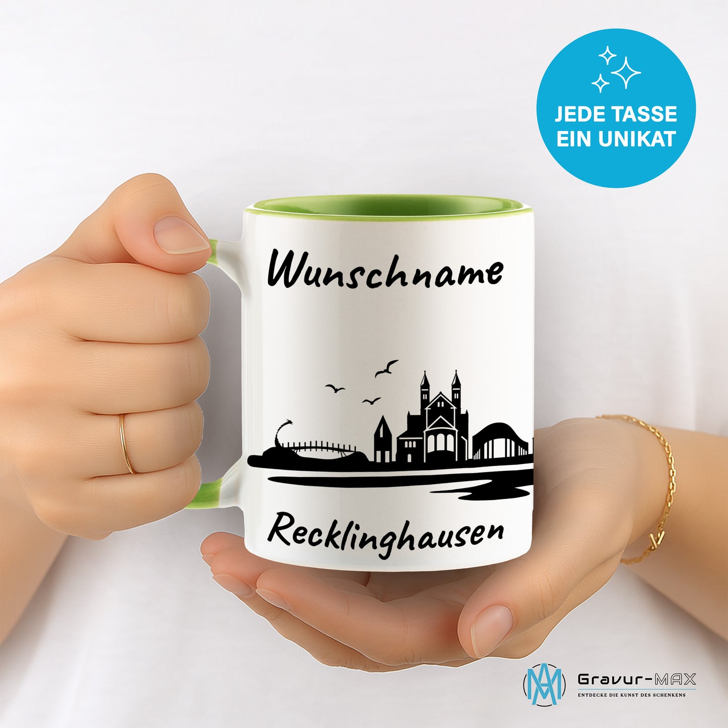 Tasse in Hellgrün 330ml bedruckt mit der Skyline von Recklinghausen personalisierbar mit Wunschname