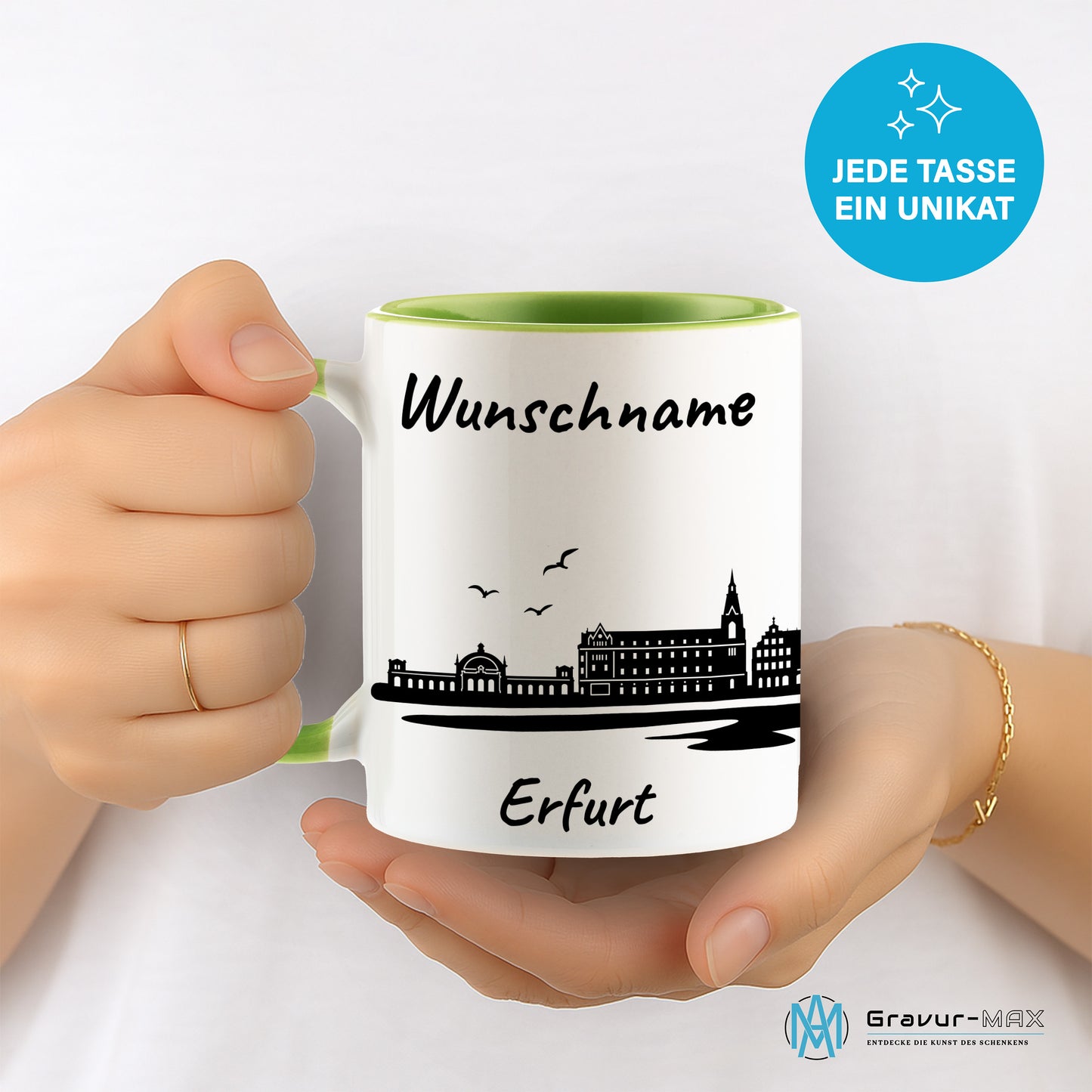 Tasse in Hellgrün 330ml bedruckt mit der Skyline von Erfurt personalisierbar mit Wunschname